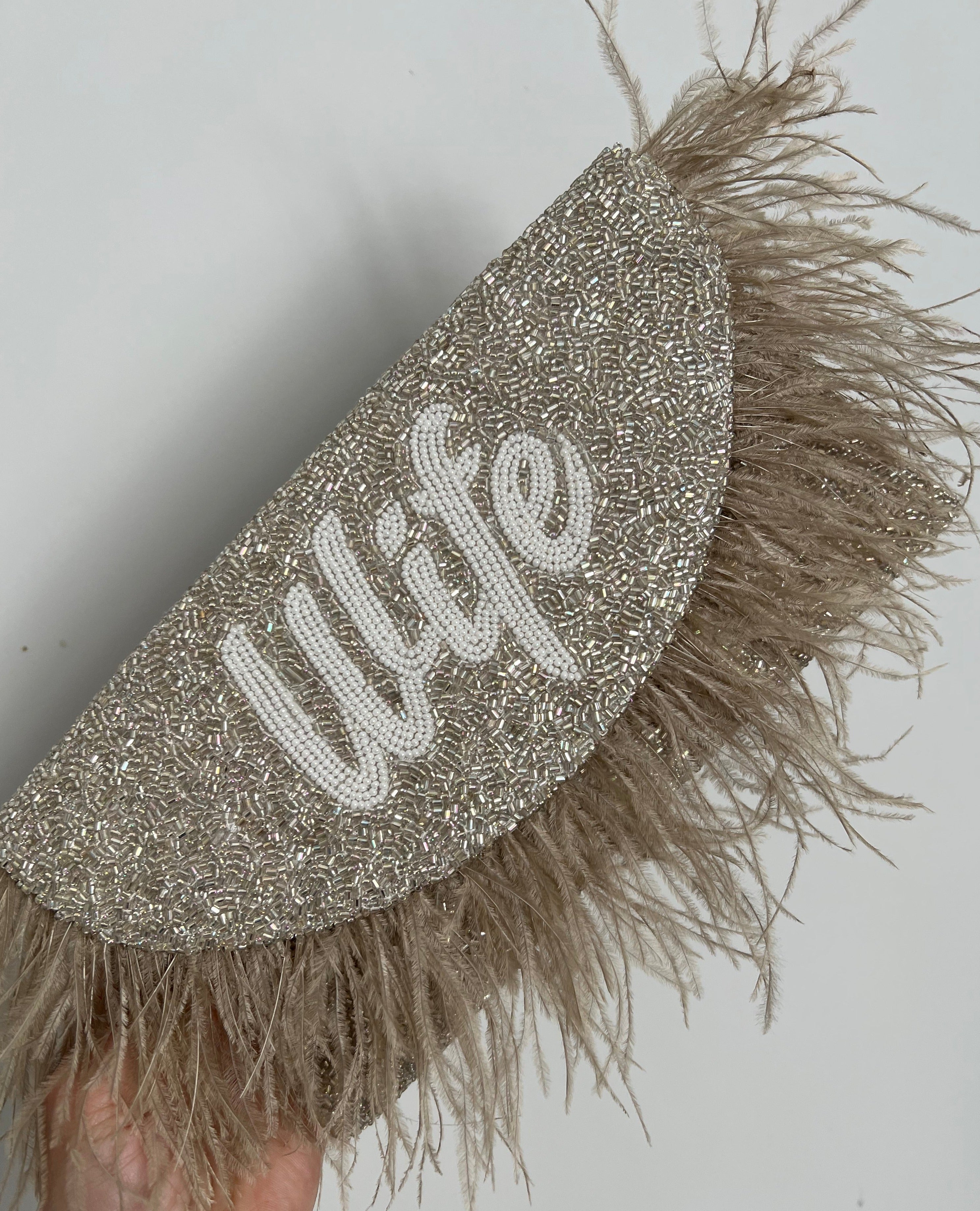 Bridal feather Trim Moon shape Clutch
