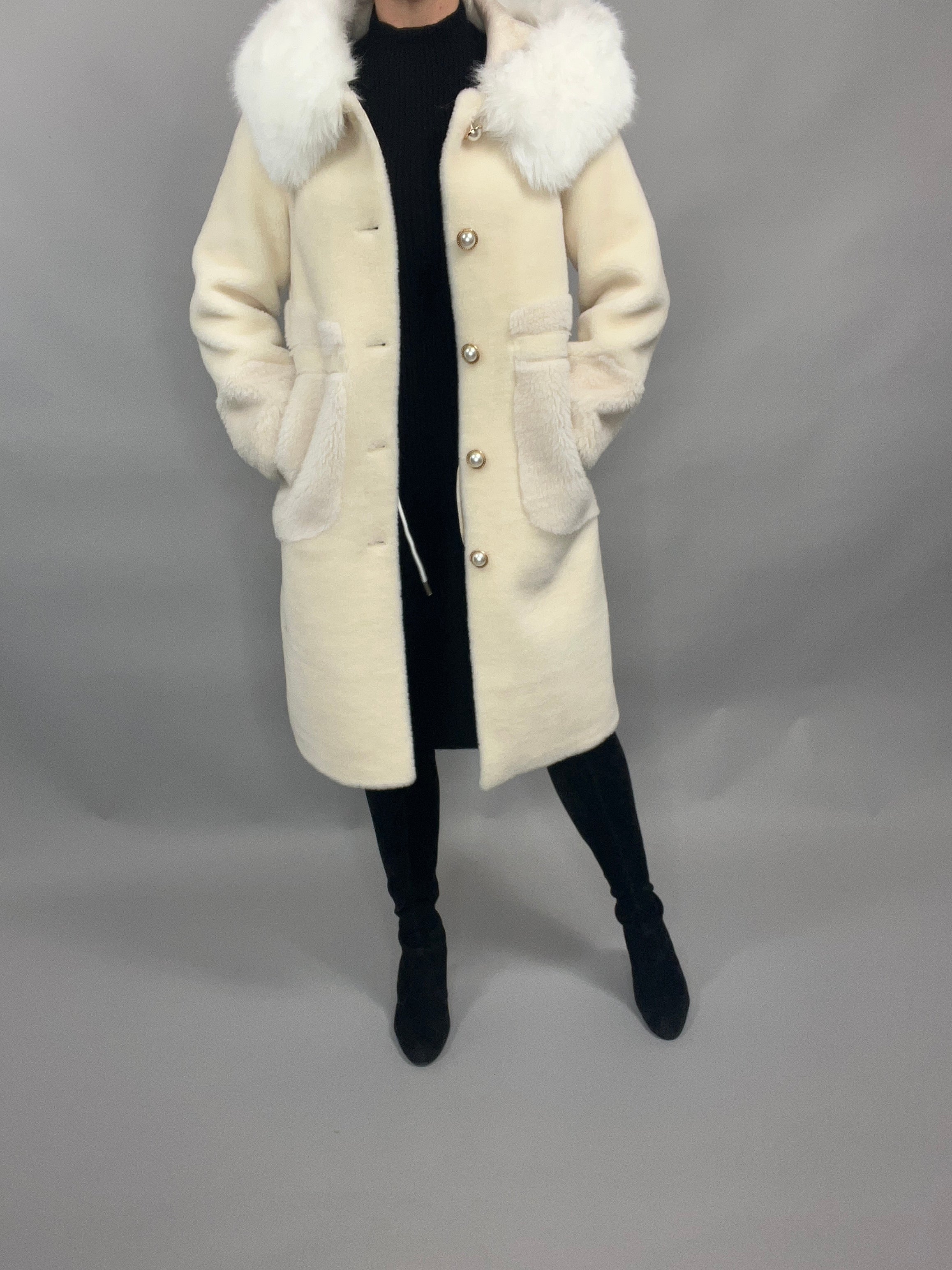 WHITE PEARLA HOODED SHEARLING COAT - SALE