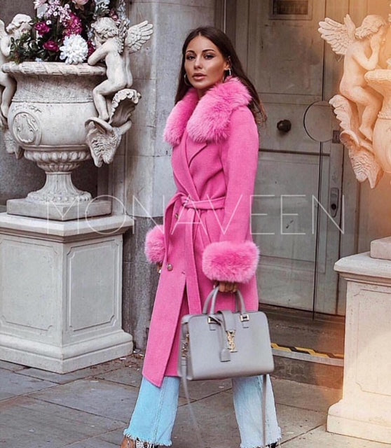 Monaveen Sophie Wool Cashmere Coat PINK FAUX FUR