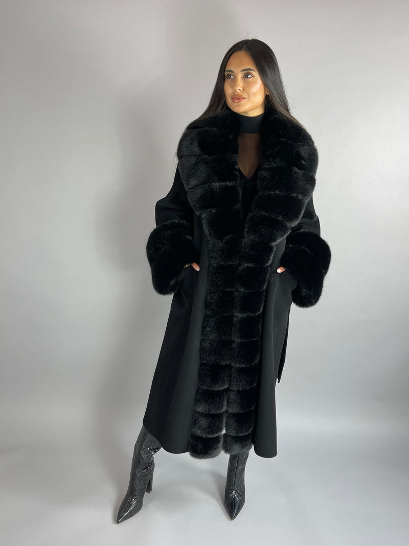 NEW IN Scarlett Extra Large Faux Fur Collar Trim & Extra Large Cuffs Wool Cashmere Coat BLACK