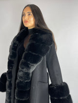 NEW IN Scarlett Extra Large Faux Fur Collar Trim & Extra Large Cuffs Wool Cashmere Coat BLACK