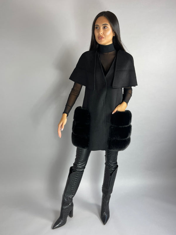 Carrie Wool Cashmere cape/vest BLACK Faux Fur Pockets