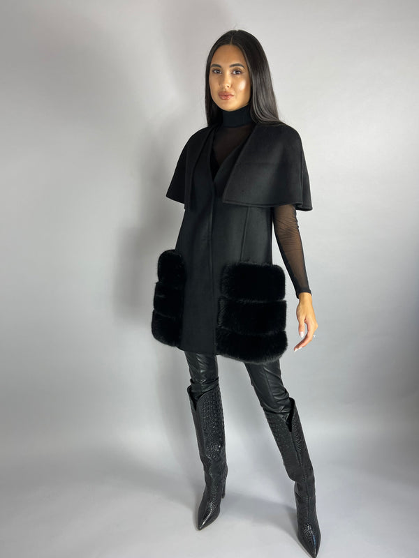 Carrie Wool Cashmere cape/vest BLACK Faux Fur Pockets