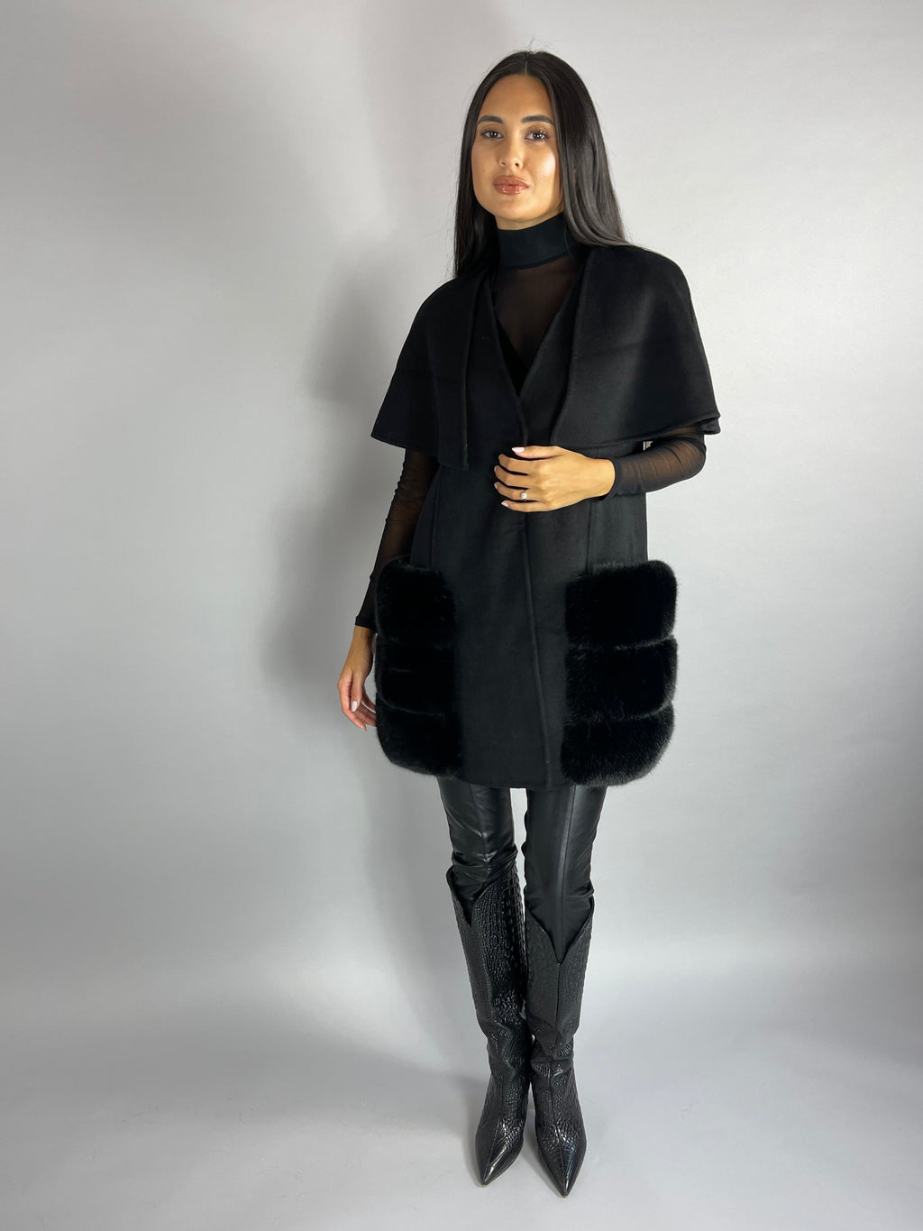 Carrie Wool Cashmere cape/vest BLACK Faux Fur Pockets - SALE