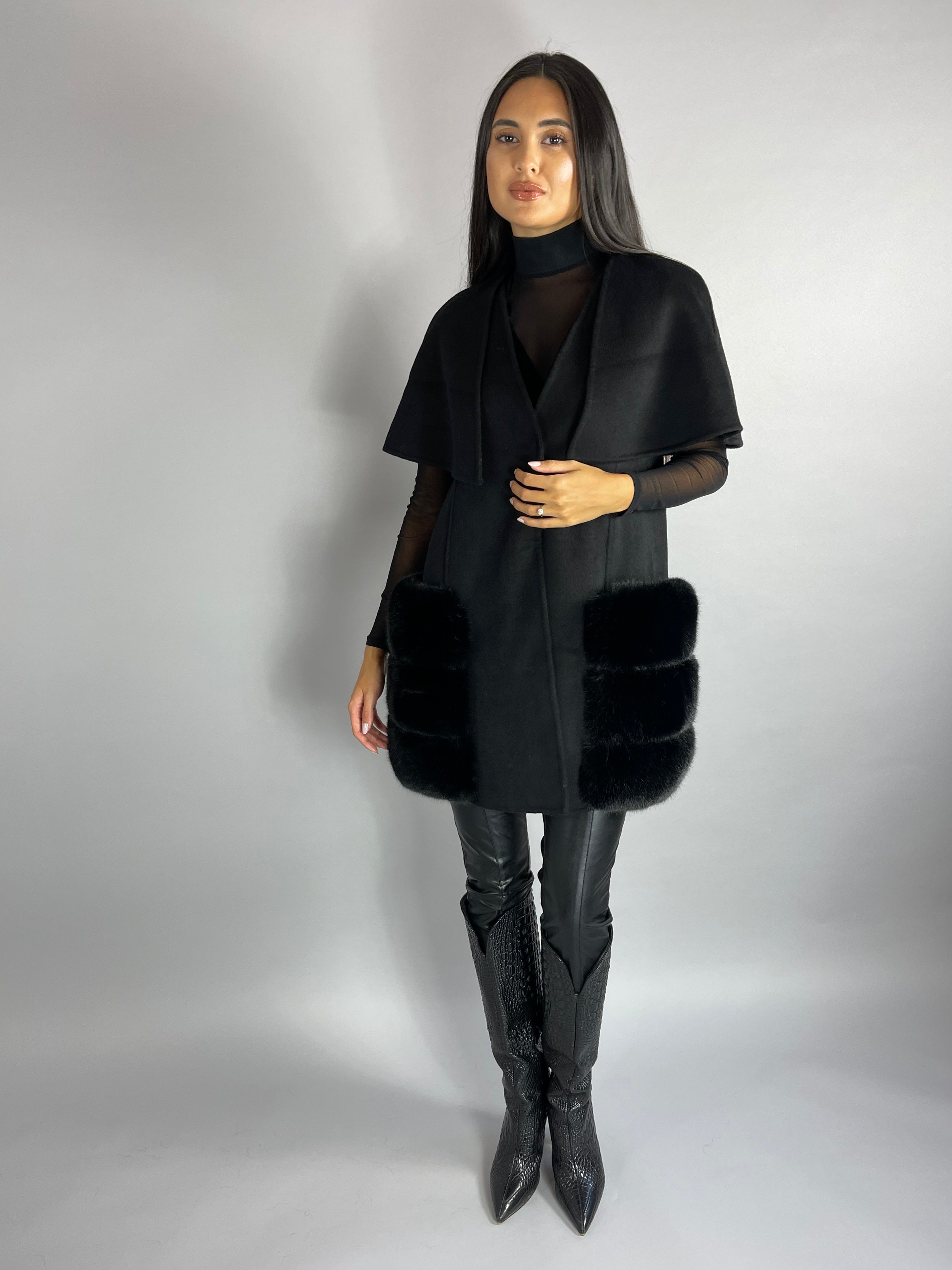 Carrie Wool Cashmere cape/vest BLACK Faux Fur Pockets - SALE