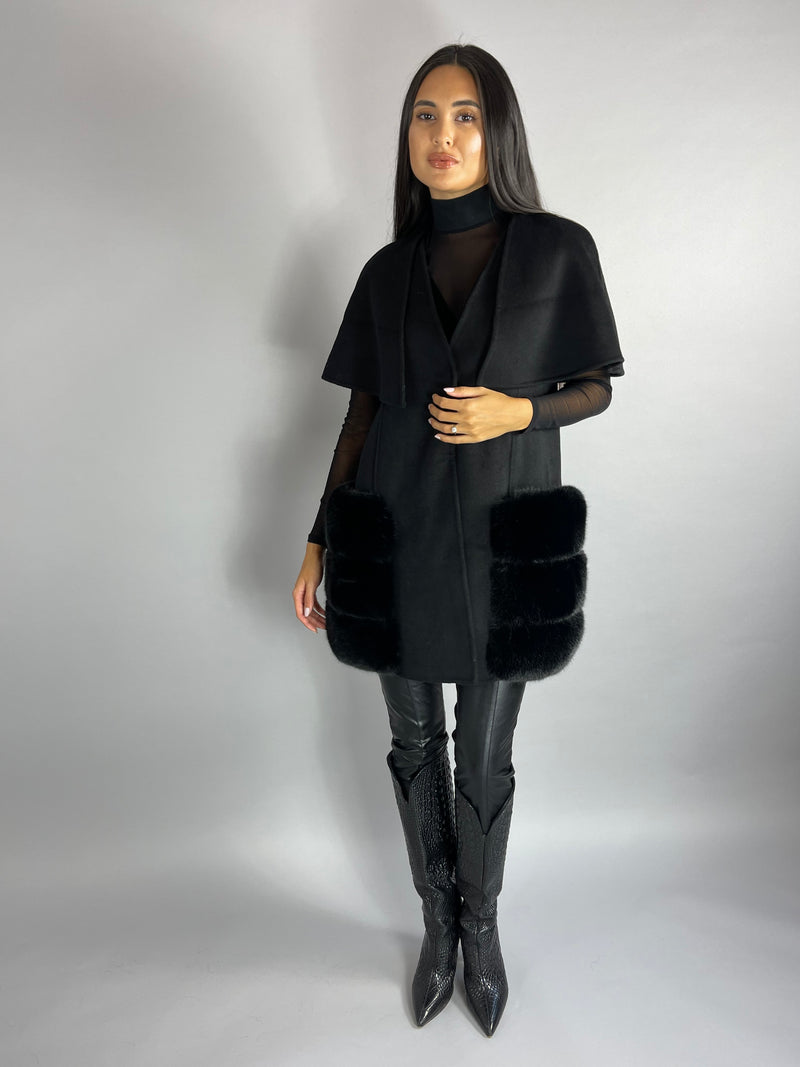 Carrie Wool Cashmere cape/vest BLACK Faux Fur Pockets