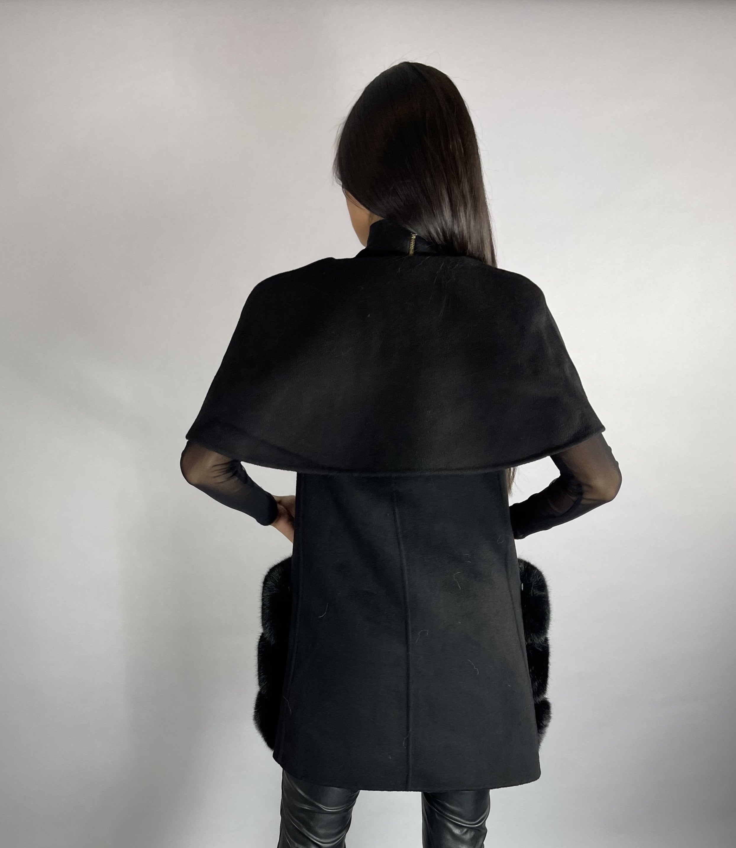 Carrie Wool Cashmere cape/vest BLACK Faux Fur Pockets - SALE
