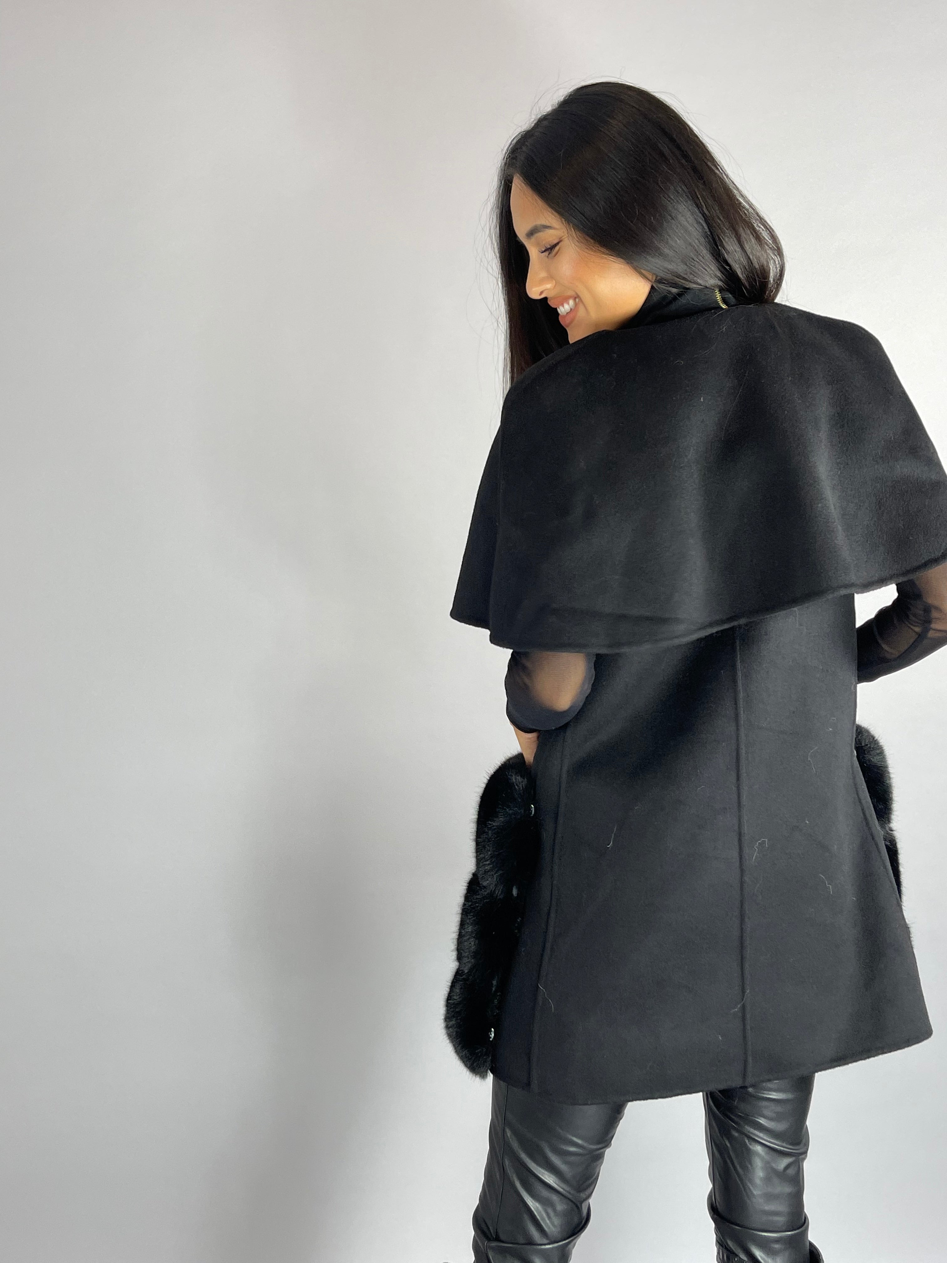 Carrie Wool Cashmere cape/vest BLACK Faux Fur Pockets - SALE