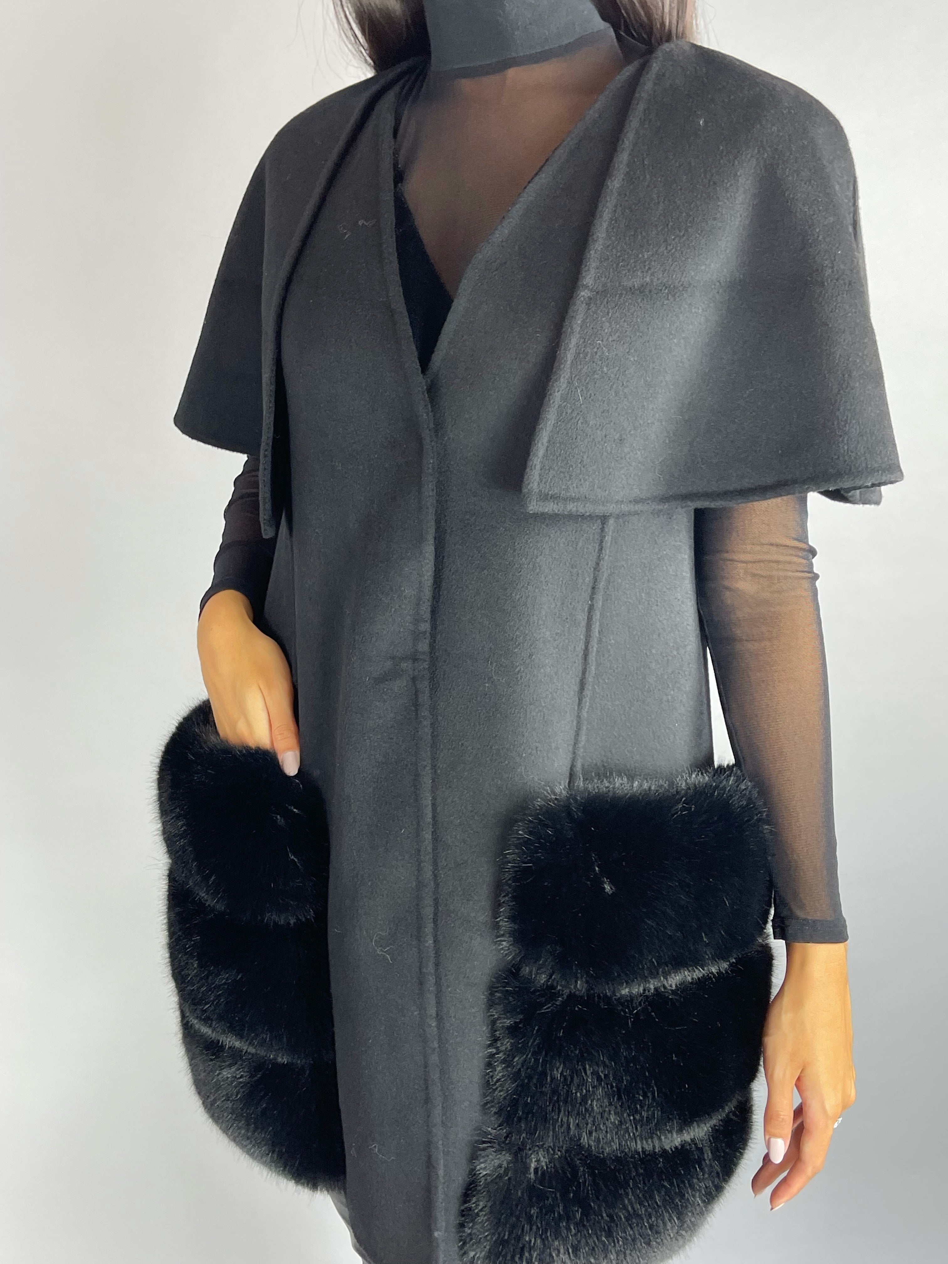 Carrie Wool Cashmere cape/vest BLACK Faux Fur Pockets - SALE