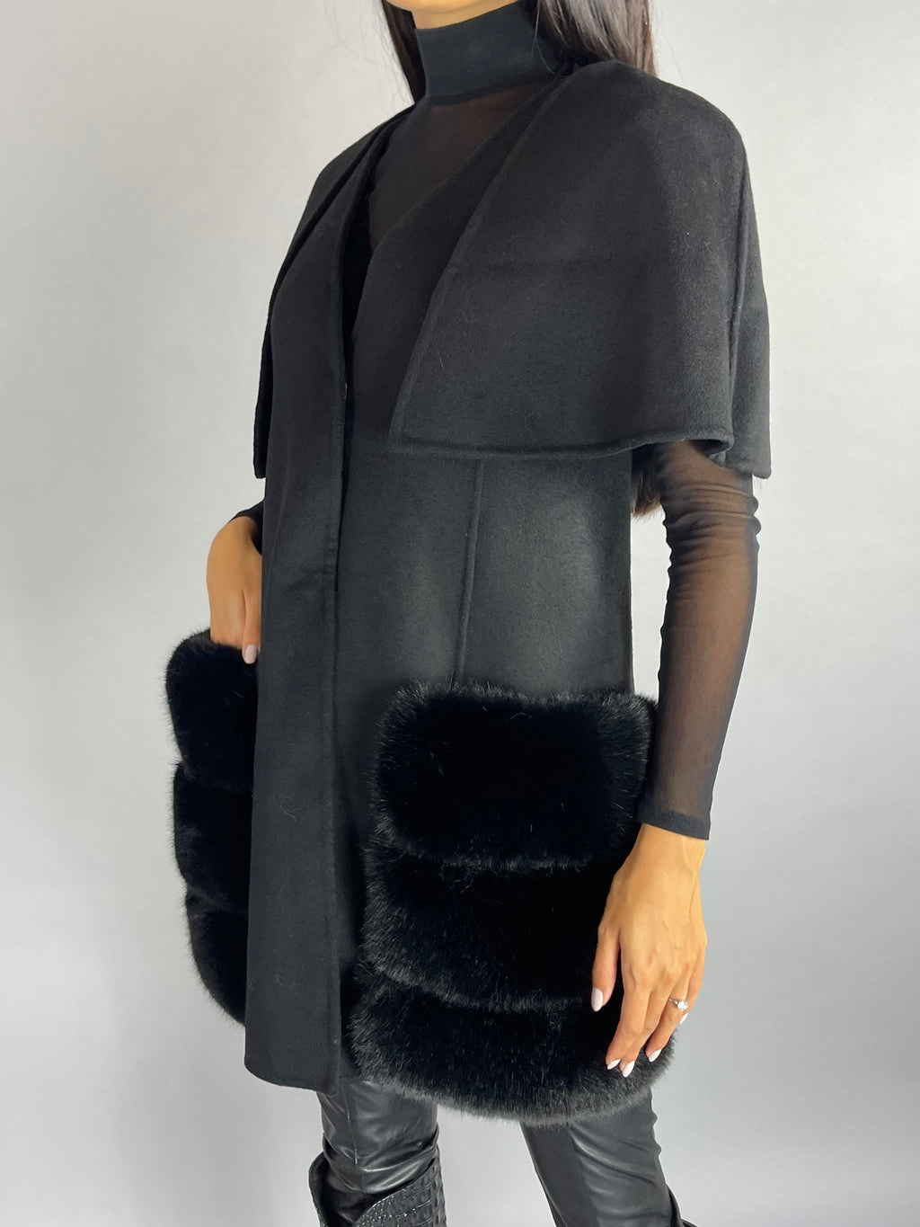 Carrie Wool Cashmere cape/vest BLACK Faux Fur Pockets - SALE