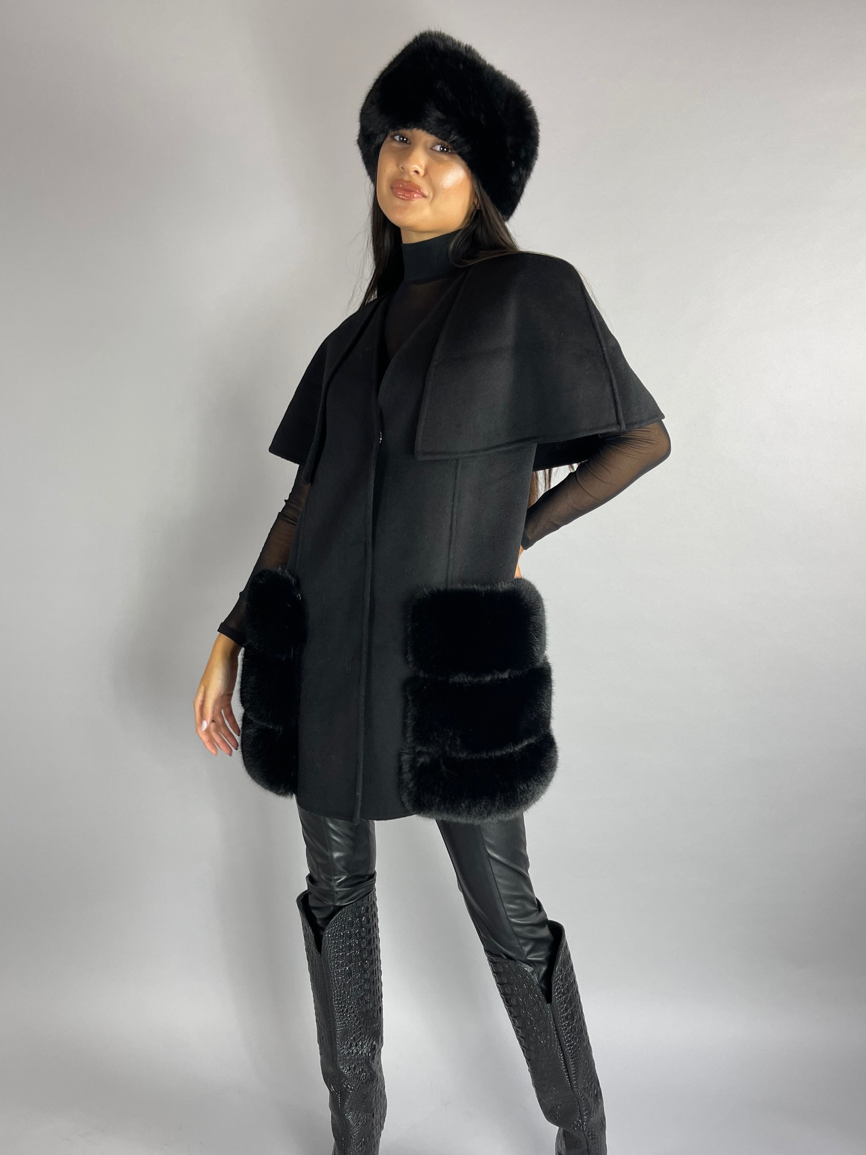 Carrie Wool Cashmere cape/vest BLACK Faux Fur Pockets - SALE