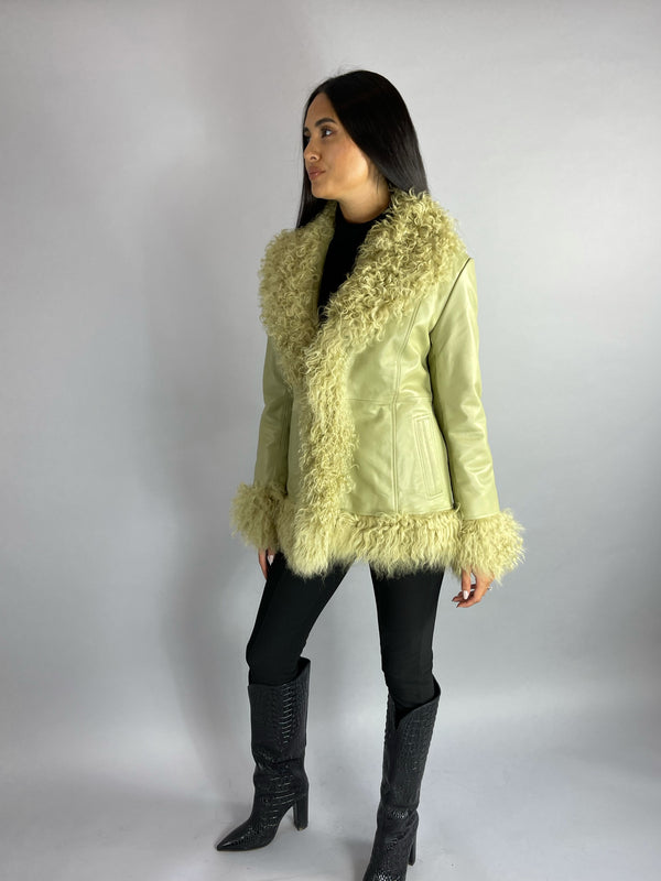 Austin Leather & Mongolian Fur Jacket - GREEN SIZE SMALL