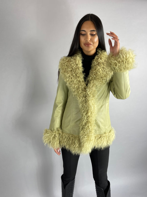 Austin Leather & Mongolian Fur Jacket - GREEN SIZE SMALL