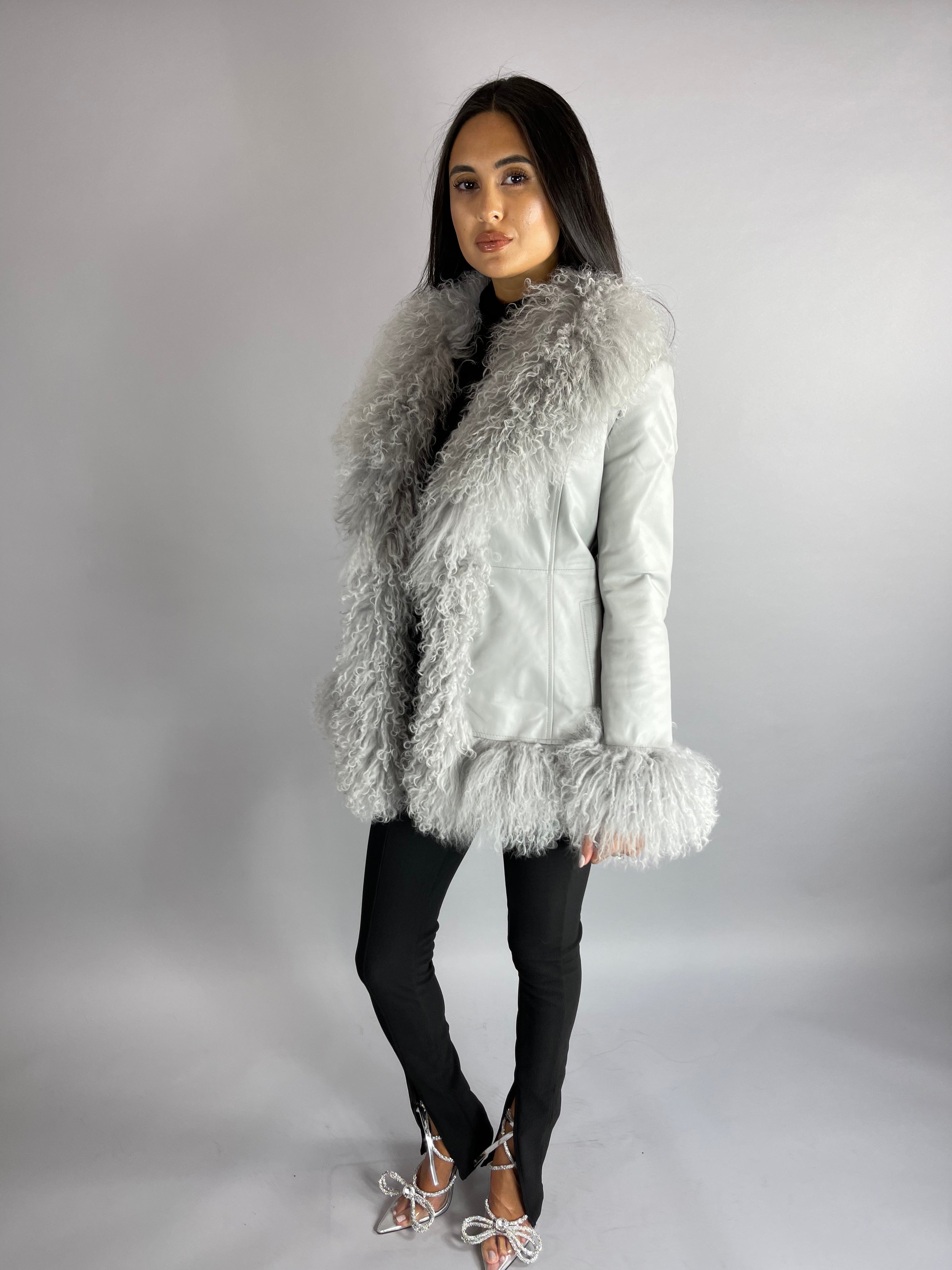 Austin Leather & Mongolian Fur Jacket - GREY SIZE SMALL