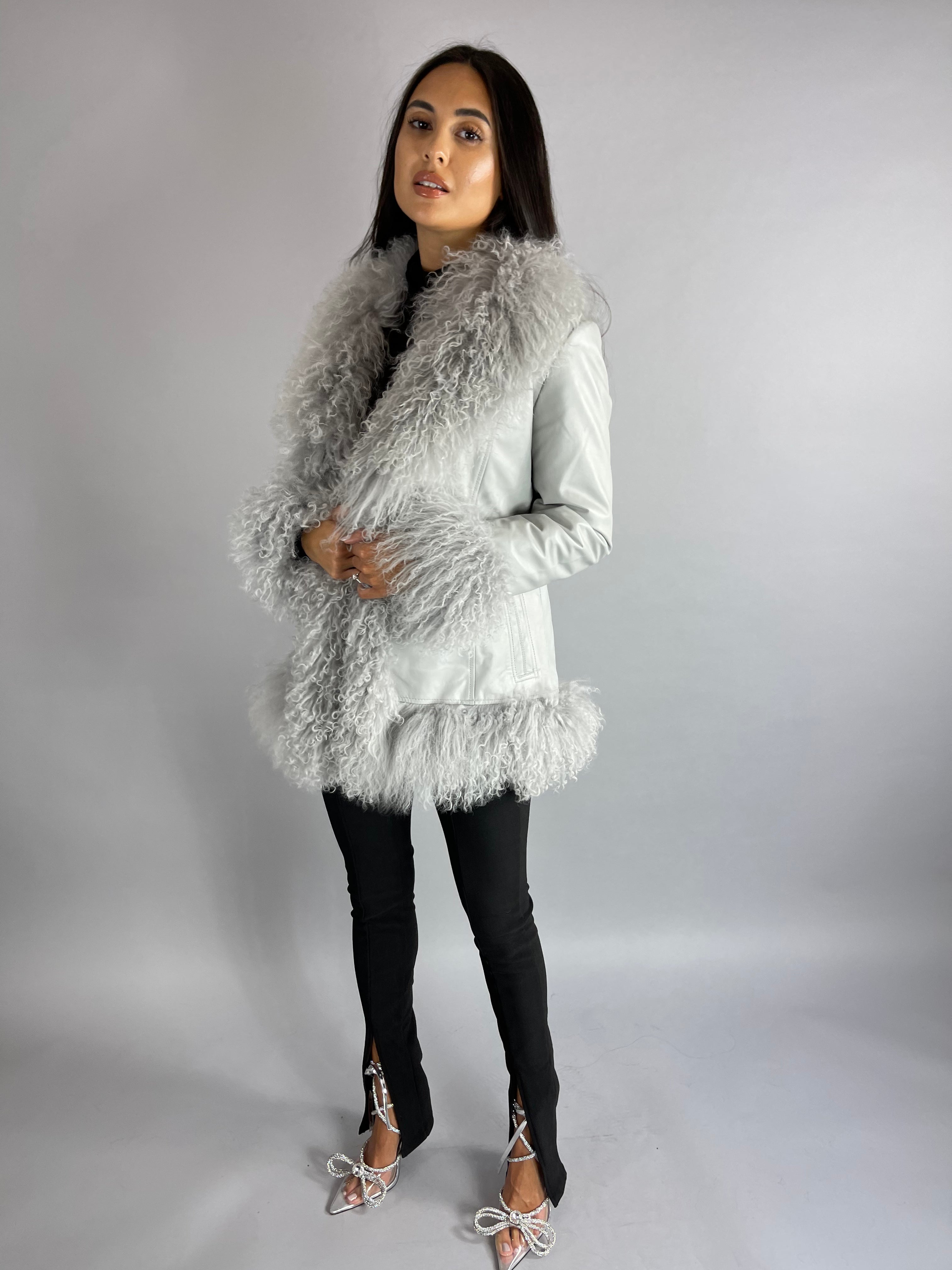 Austin Leather & Mongolian Fur Jacket - GREY SIZE SMALL