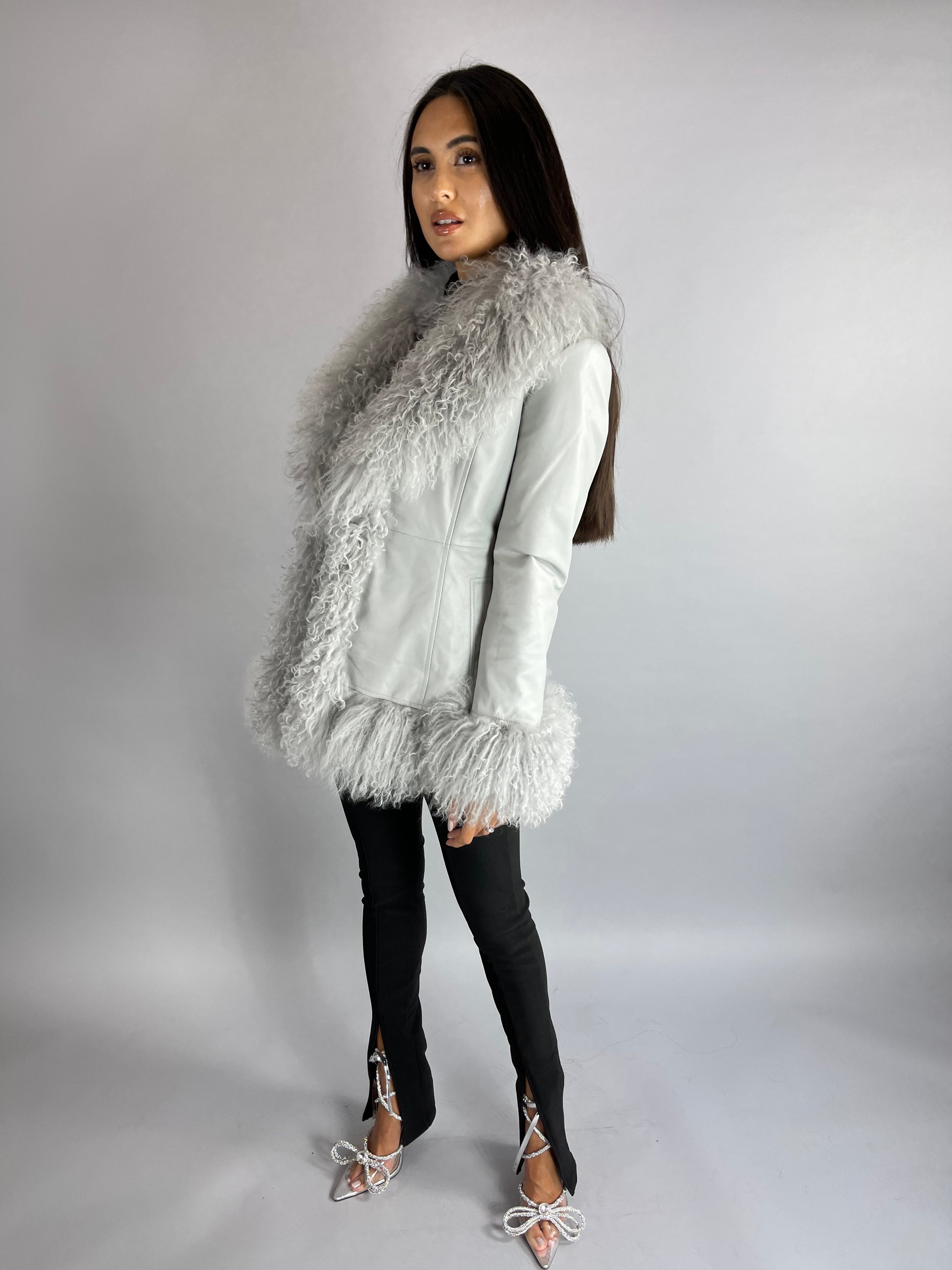 Austin Leather & Mongolian Fur Jacket - GREY SIZE SMALL