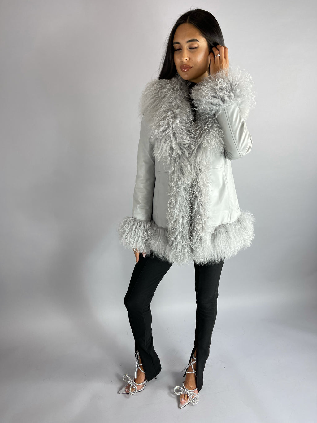 Austin Leather & Mongolian Fur Jacket - GREY SIZE SMALL