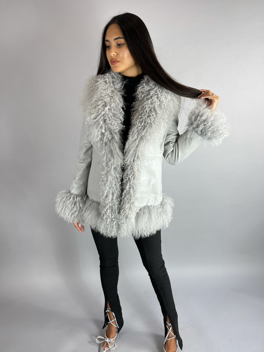 Austin Leather & Mongolian Fur Jacket - GREY SIZE SMALL