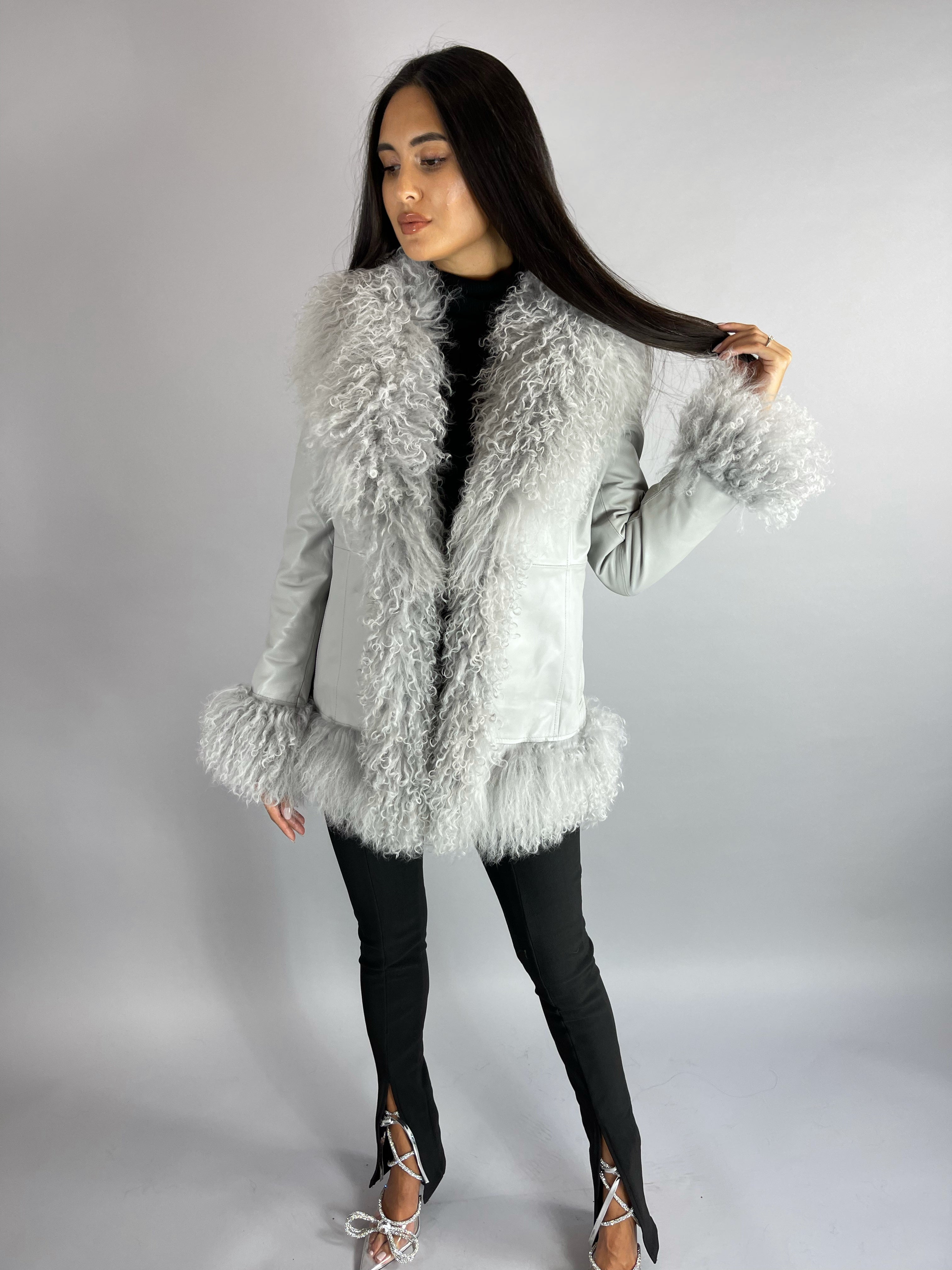 Austin Leather & Mongolian Fur Jacket - GREY SIZE SMALL
