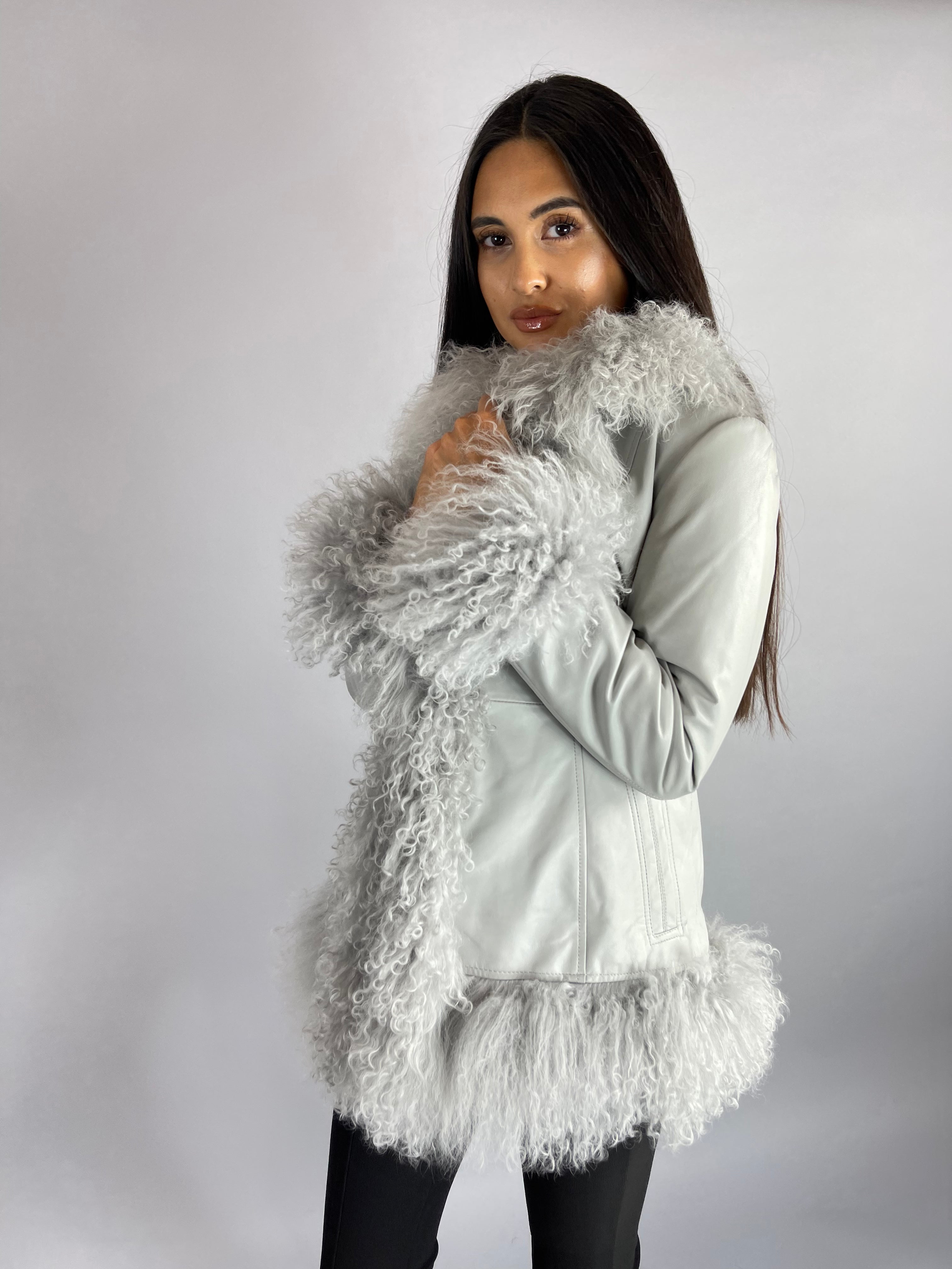 Austin Leather & Mongolian Fur Jacket - GREY SIZE SMALL
