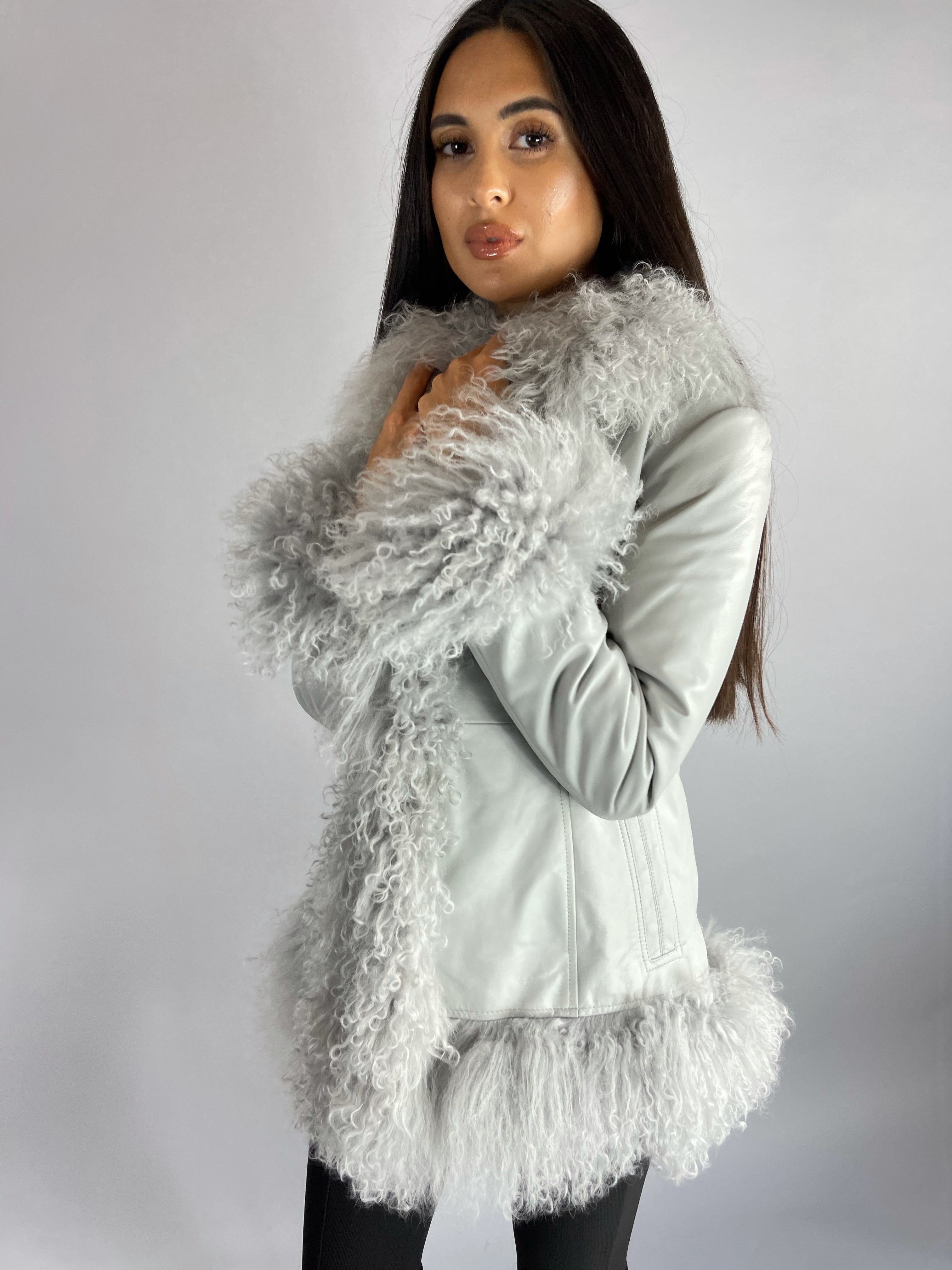 Austin Leather & Mongolian Fur Jacket - GREY SIZE SMALL