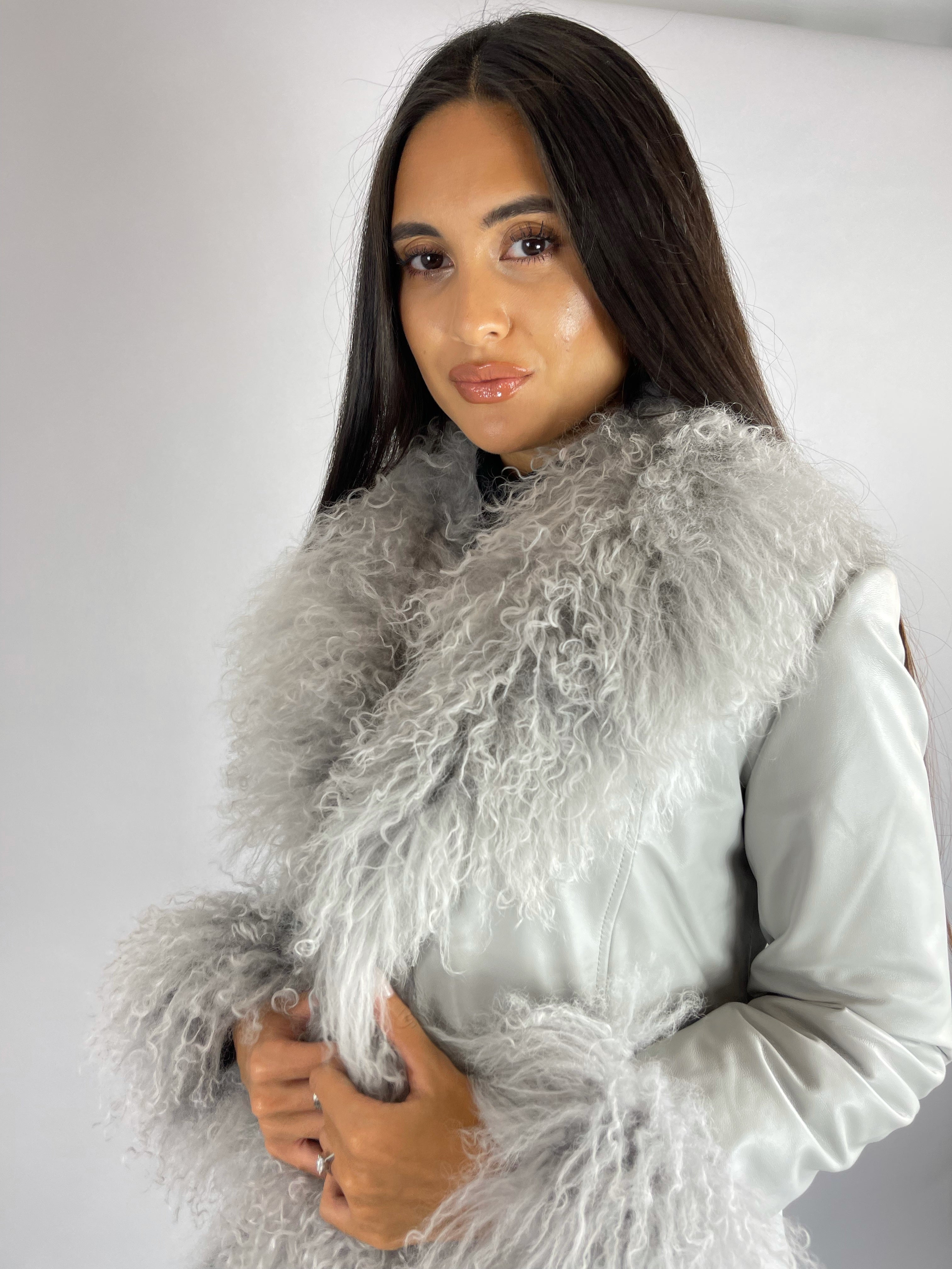 Austin Leather & Mongolian Fur Jacket - GREY SIZE SMALL