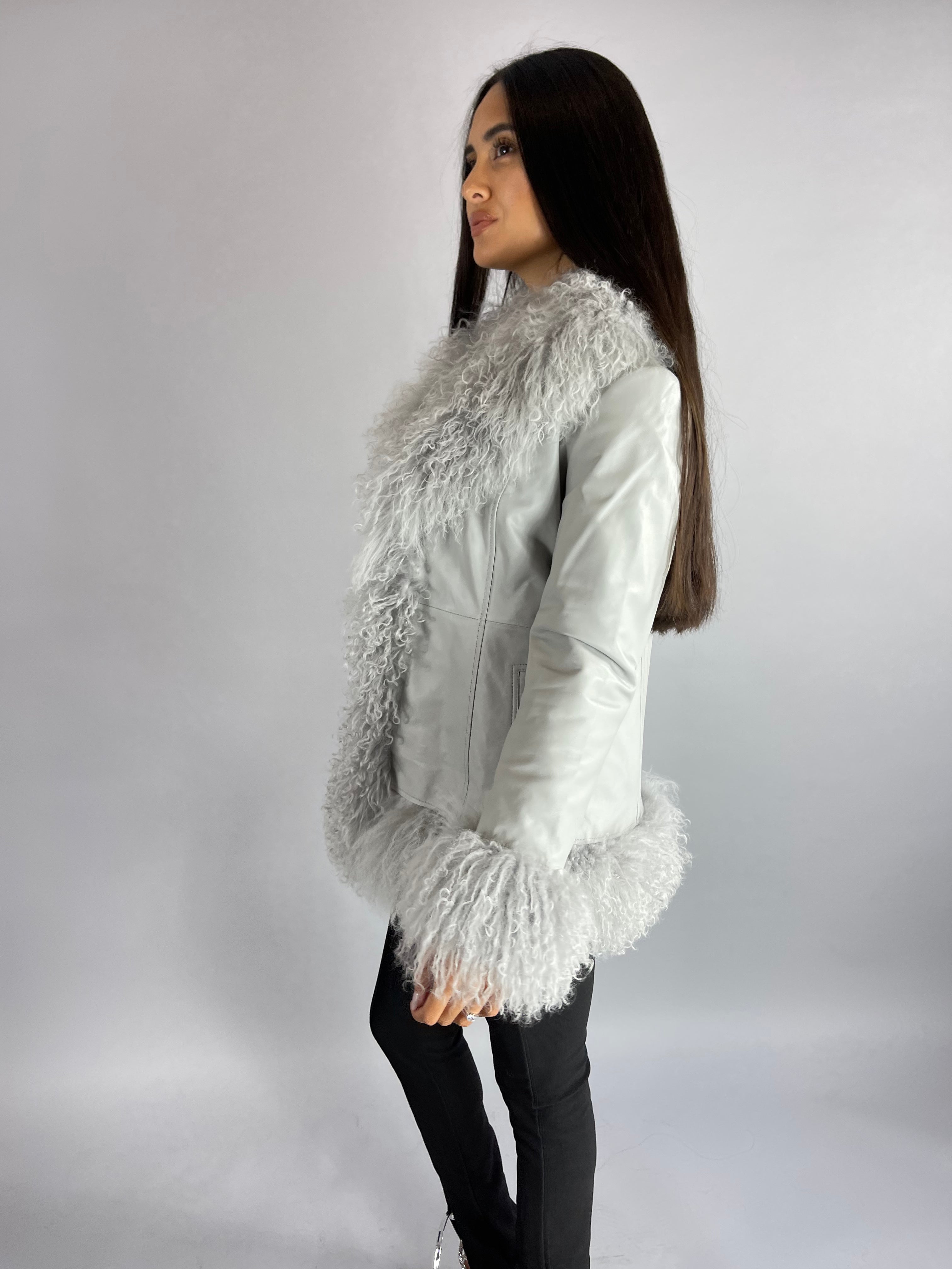 Austin Leather & Mongolian Fur Jacket - GREY SIZE SMALL