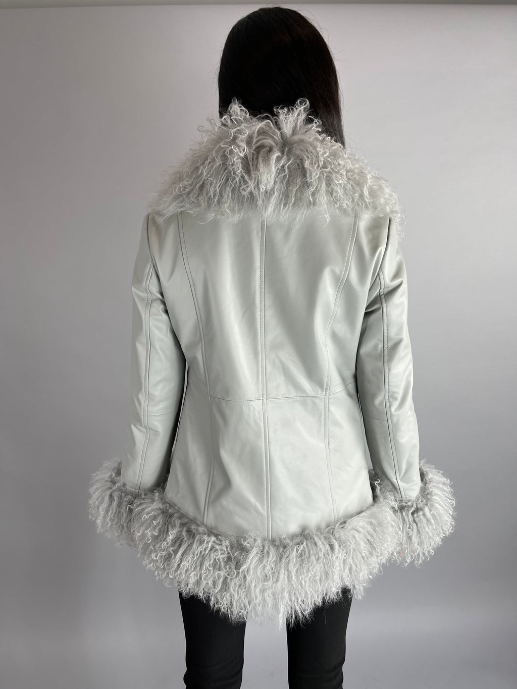 Austin Leather & Mongolian Fur Jacket - GREY SIZE SMALL