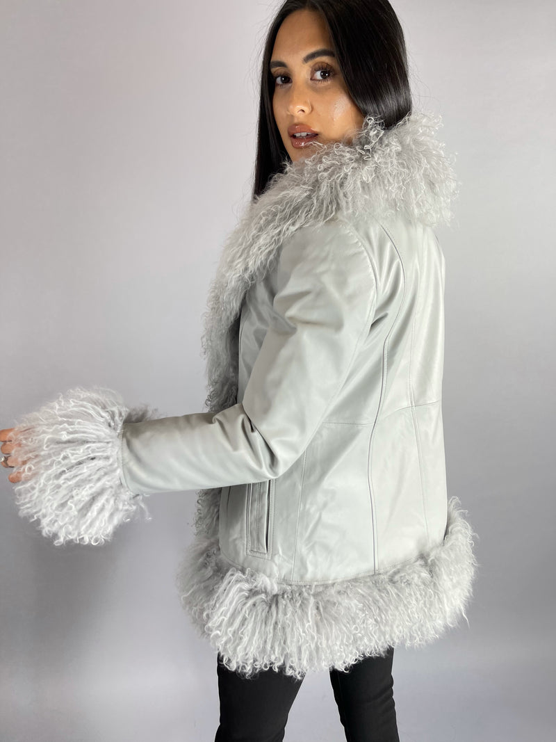 Austin Leather & Mongolian Fur Jacket - GREY SIZE SMALL