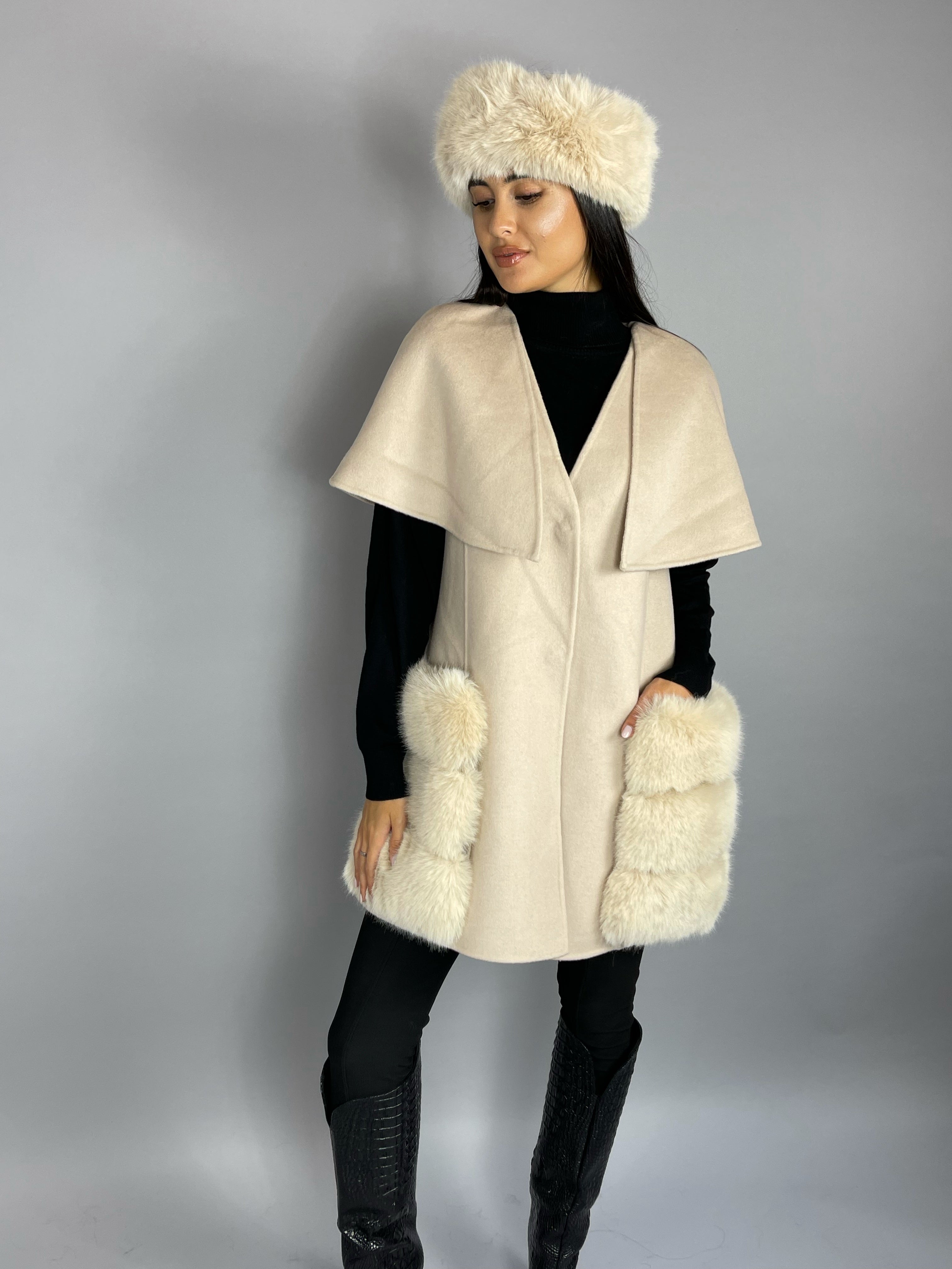 Carrie Wool Cashmere cape/vest NUDE Faux Fur Pockets
