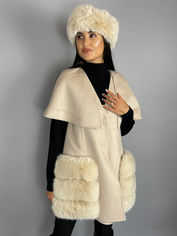 Carrie Wool Cashmere cape/vest NUDE Faux Fur Pockets