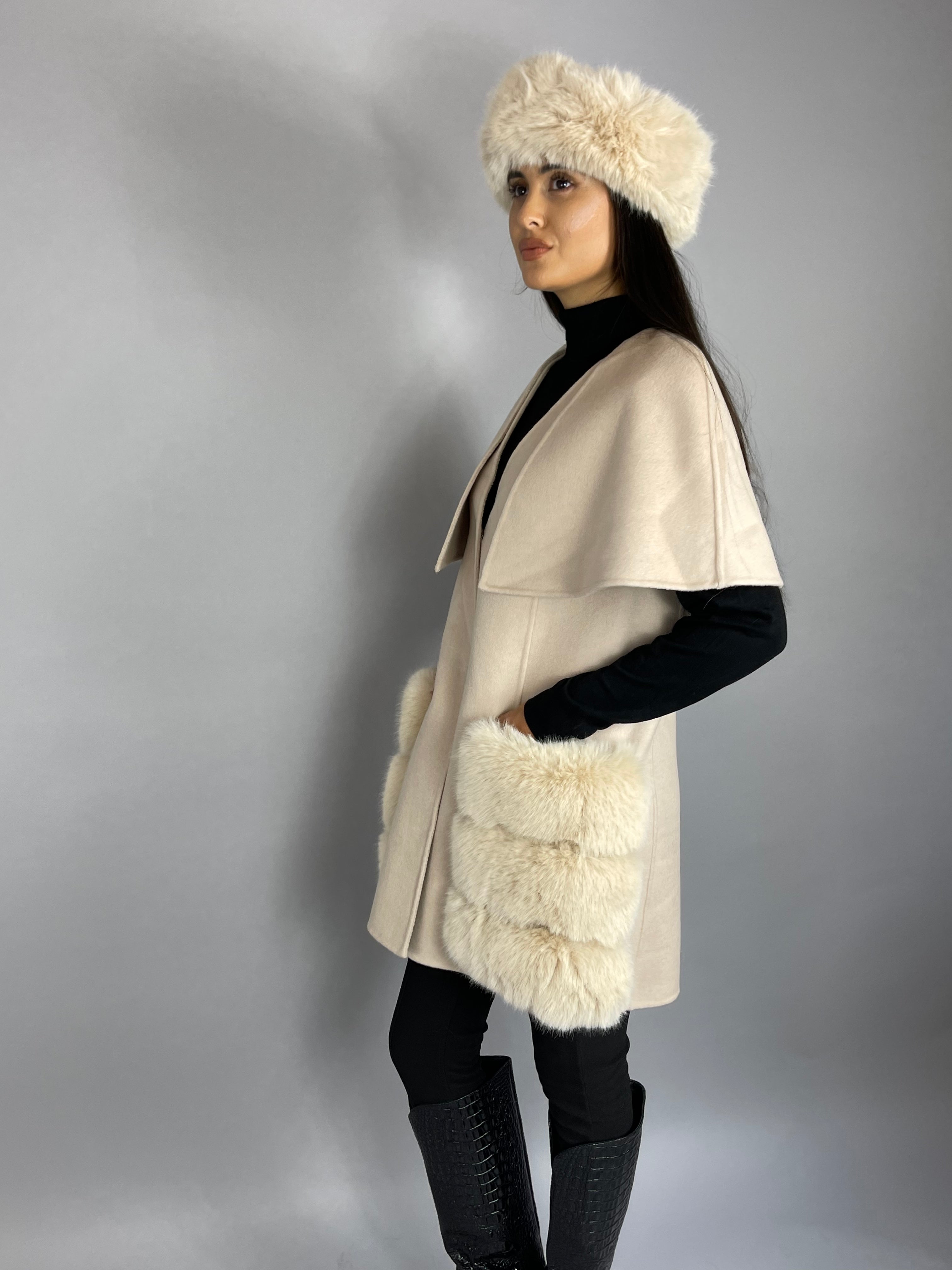 Carrie Wool Cashmere cape/vest NUDE Faux Fur Pockets