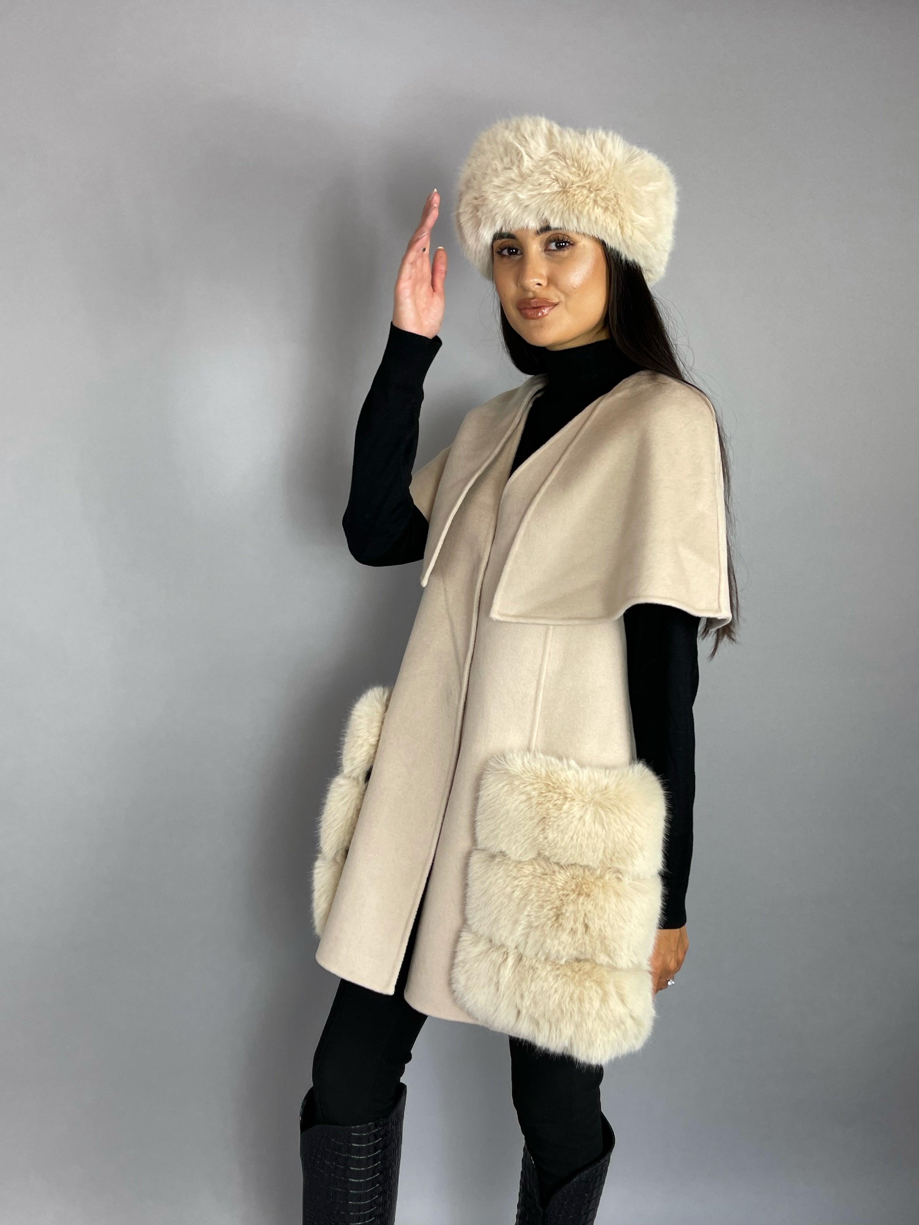 Carrie Wool Cashmere cape/vest NUDE Faux Fur Pockets