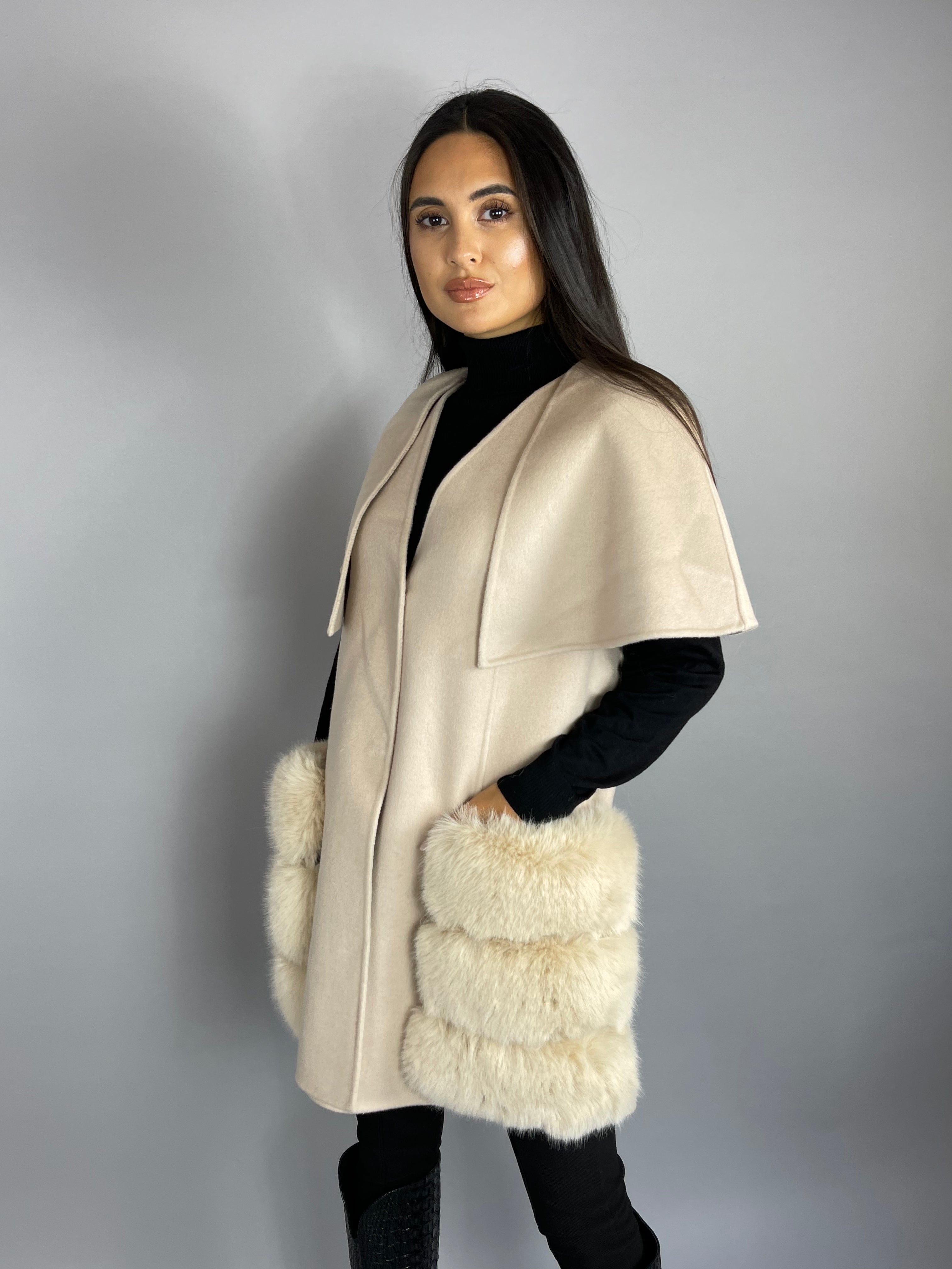 Carrie Wool Cashmere cape/vest NUDE Faux Fur Pockets