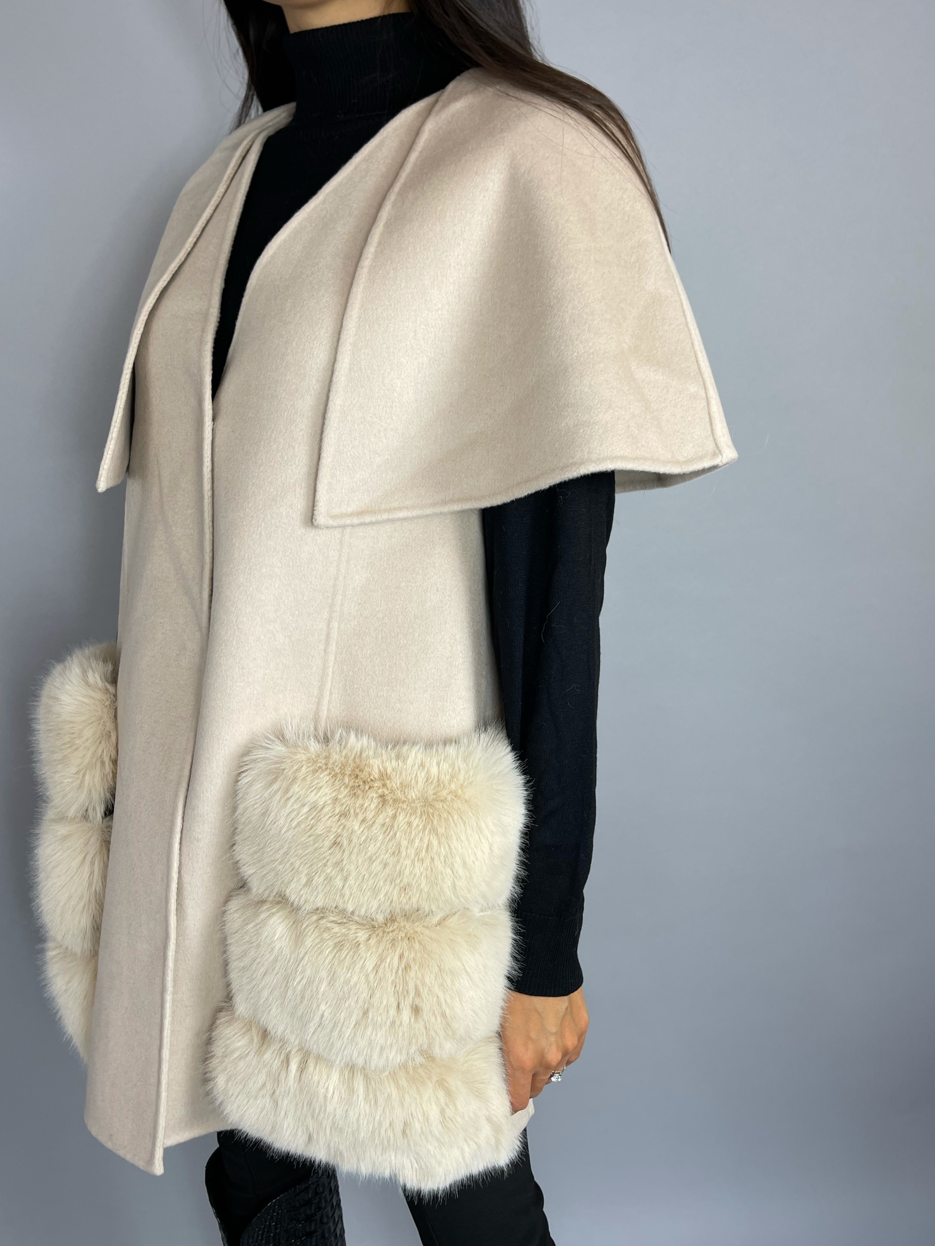 Carrie Wool Cashmere cape/vest NUDE Faux Fur Pockets