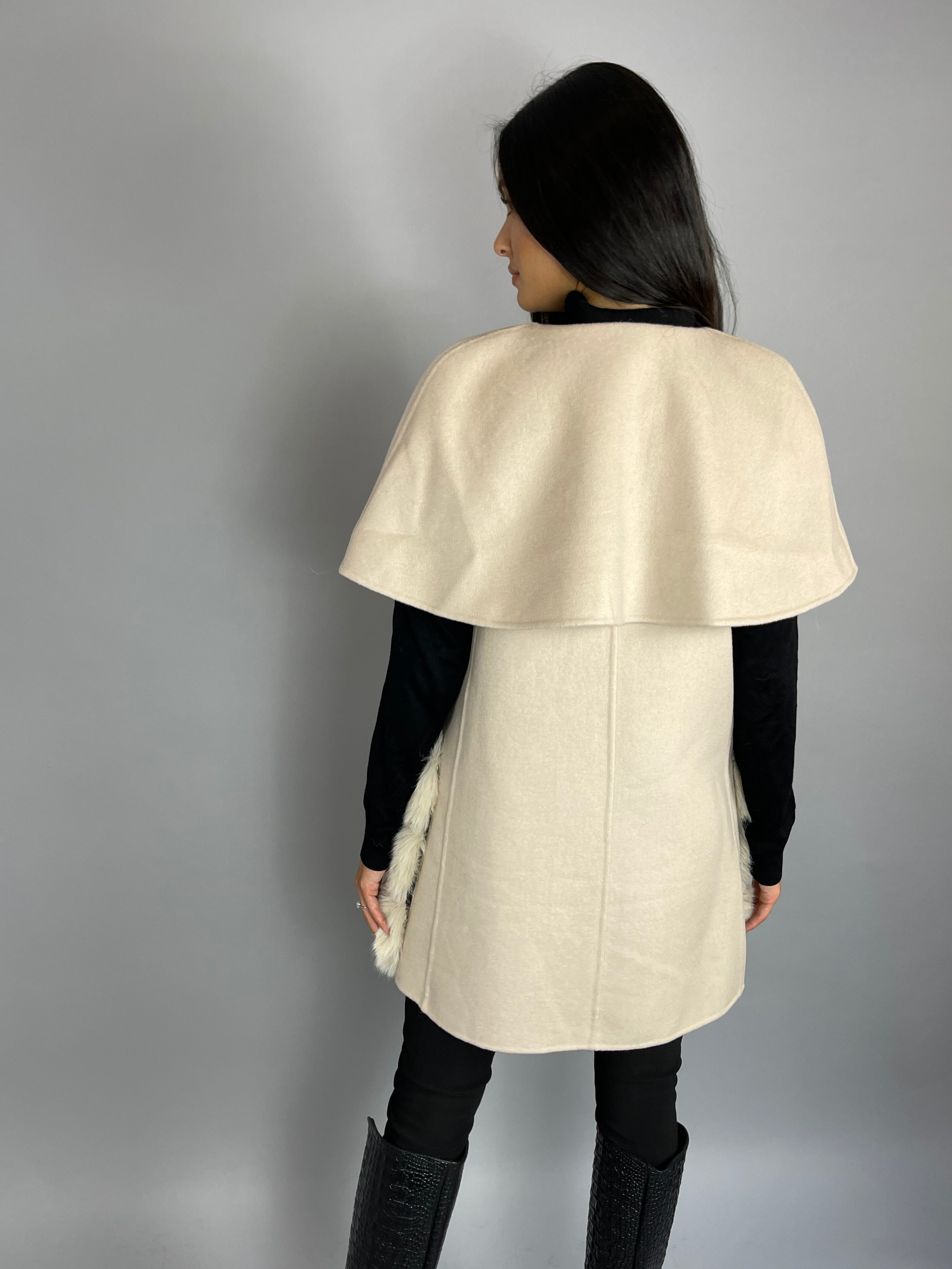 Carrie Wool Cashmere cape/vest NUDE Faux Fur Pockets