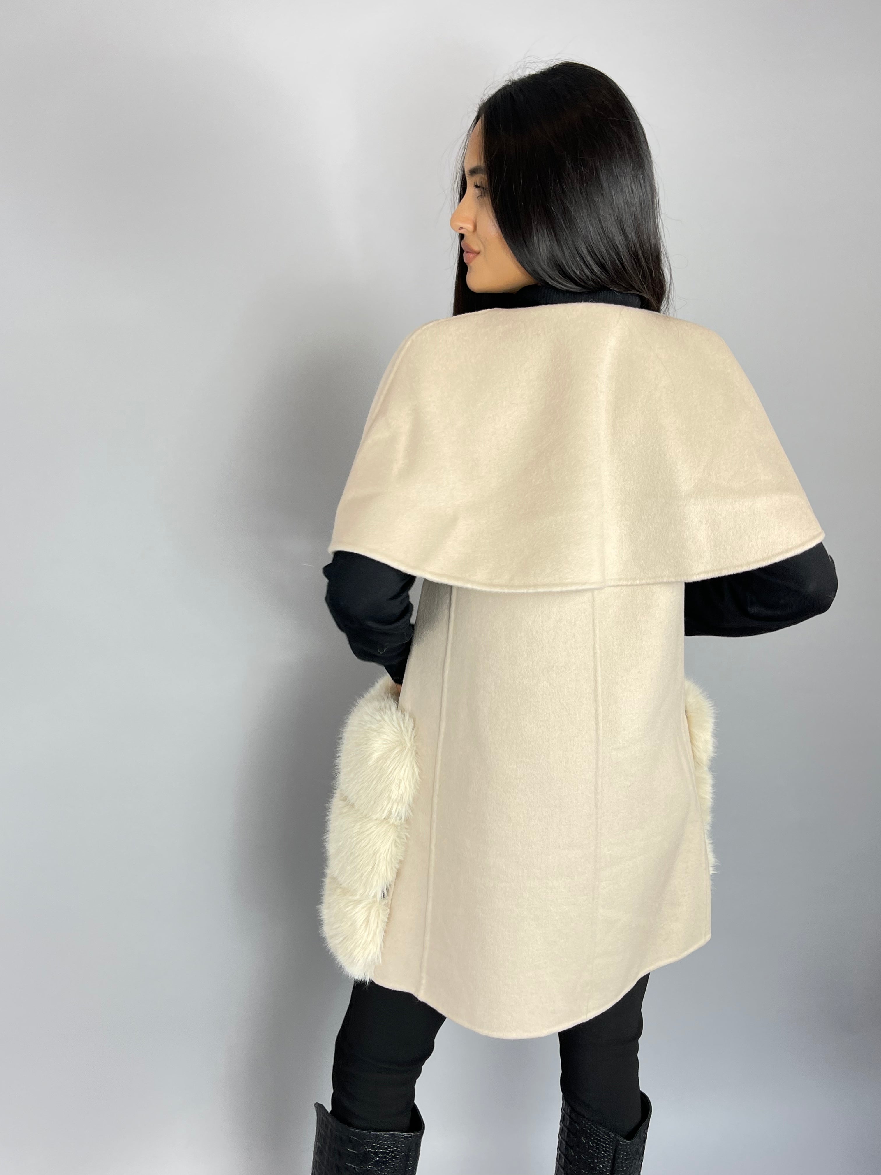 Carrie Wool Cashmere cape/vest NUDE Faux Fur Pockets