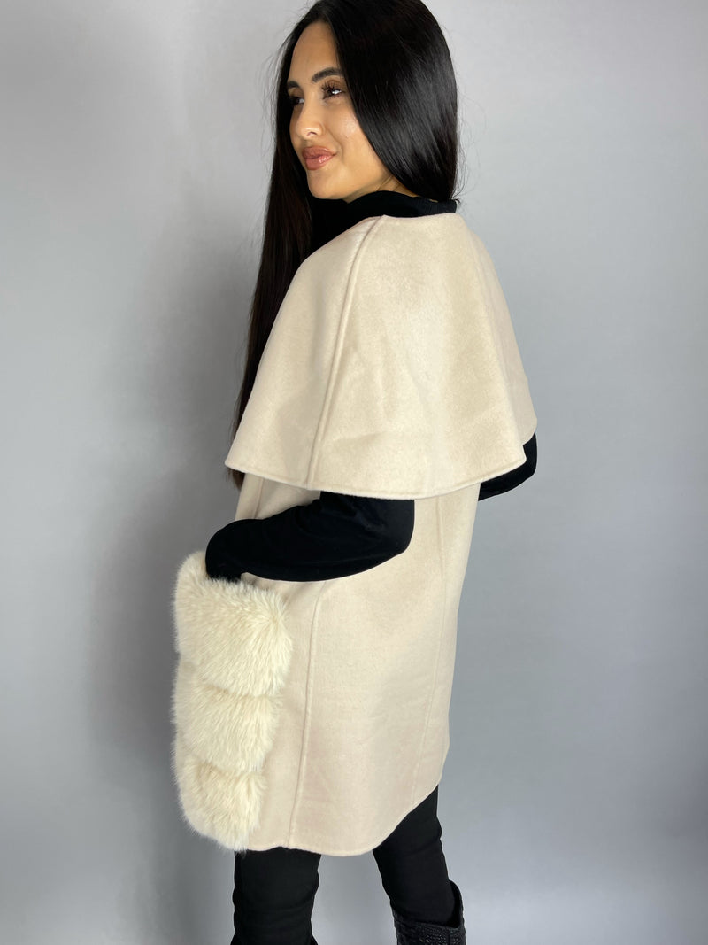 Carrie Wool Cashmere cape/vest NUDE Faux Fur Pockets
