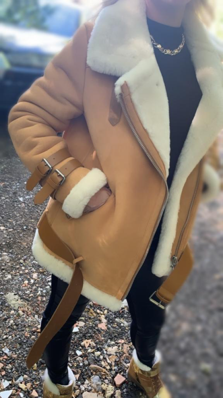 NEW IN Monaveen THEA Luxury Shearling Aviator Jacket BLACK/BLACK