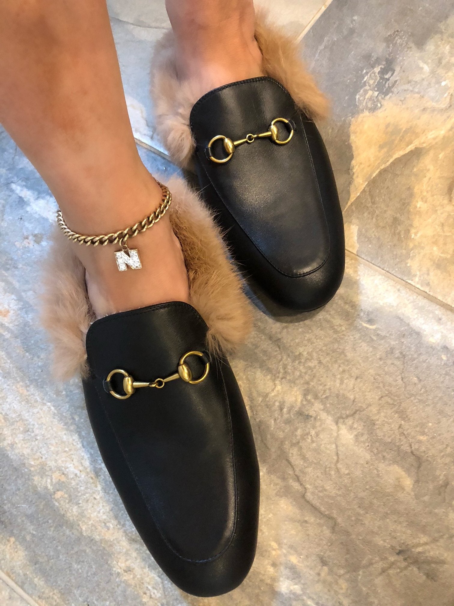 Monaveen BLACK Leather Fur Mules / Slides