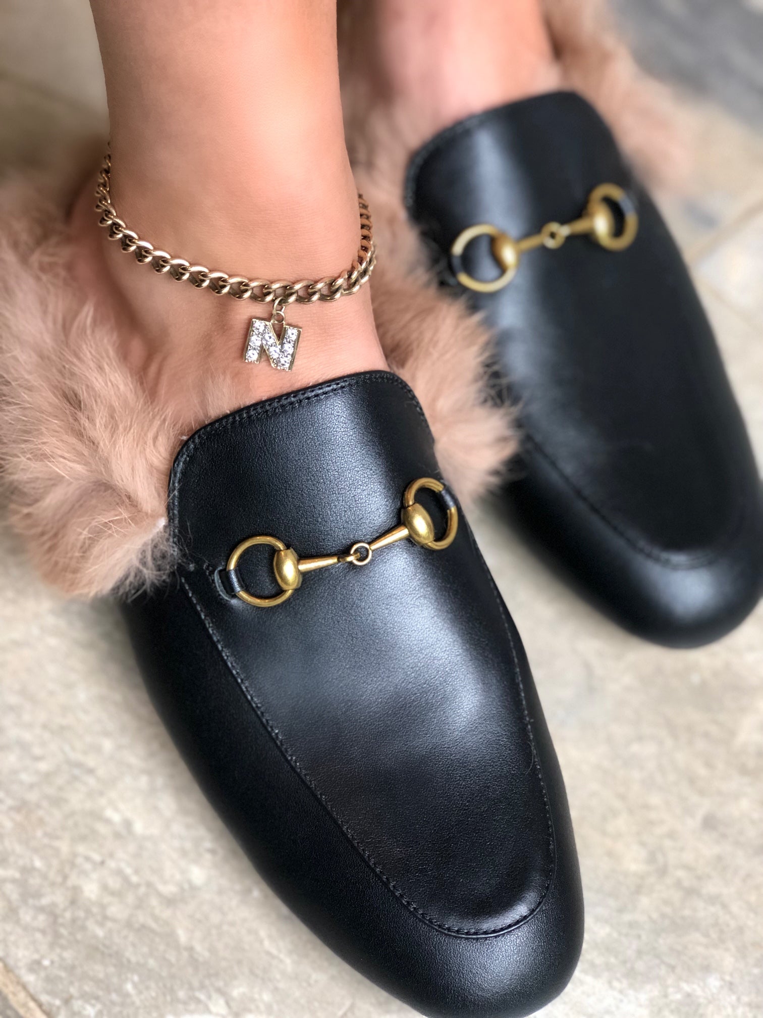 Monaveen BLACK Leather Fur Mules / Slides