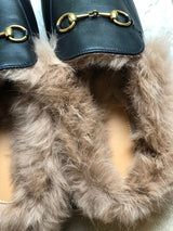 Monaveen BLACK Leather Fur Mules / Slides