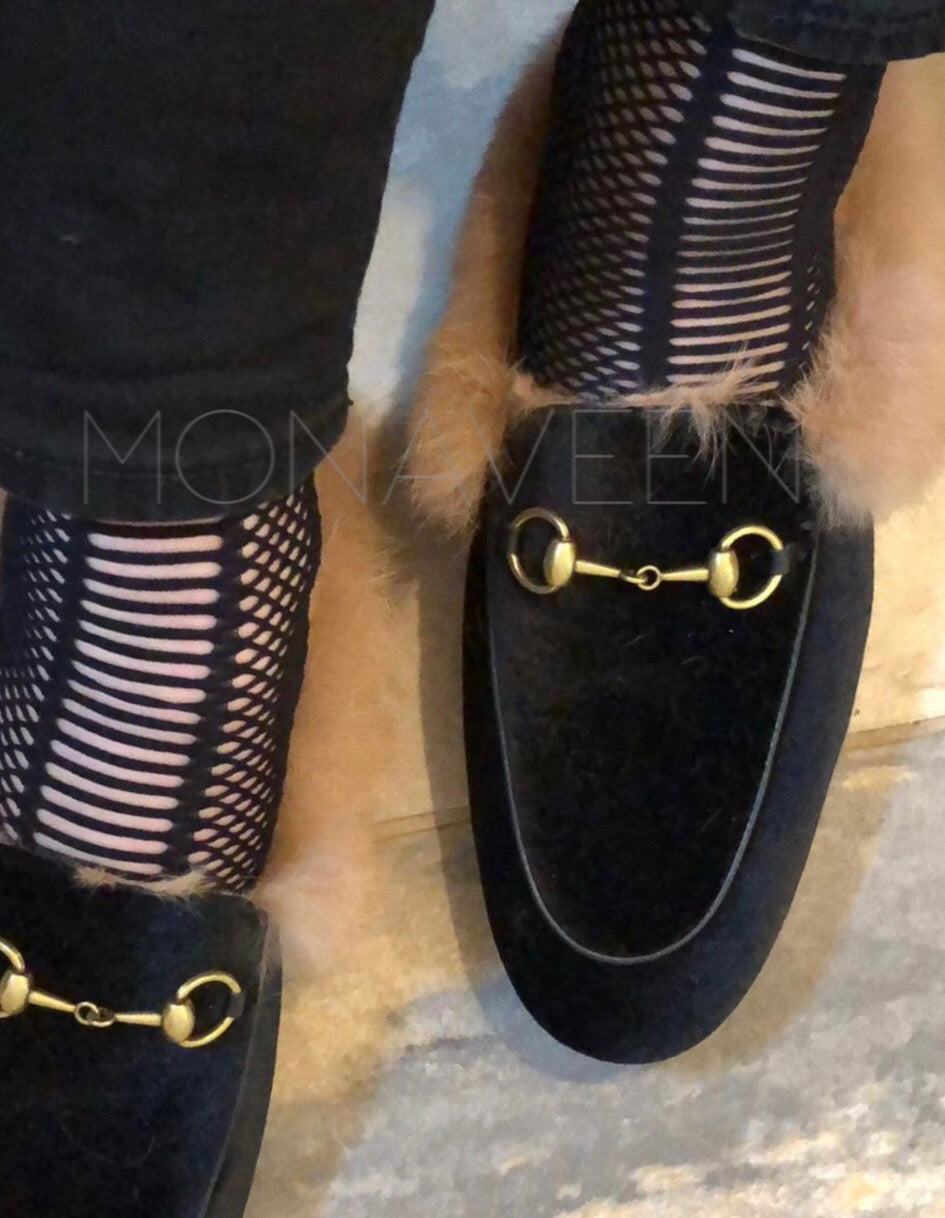 Monaveen BLACK VELVET FUR LINED Slipper / slide