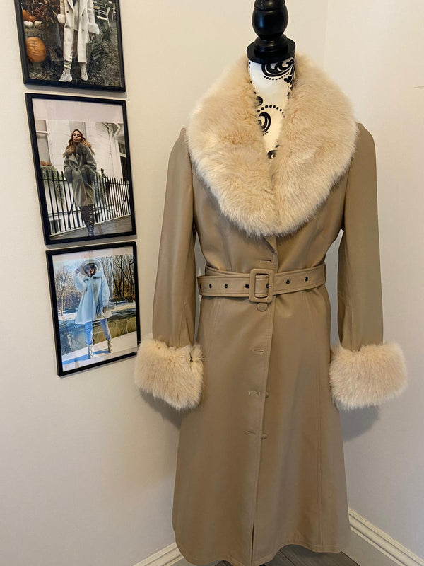 MONAVEEN Afton Leather Faux Fur Trench NUDE