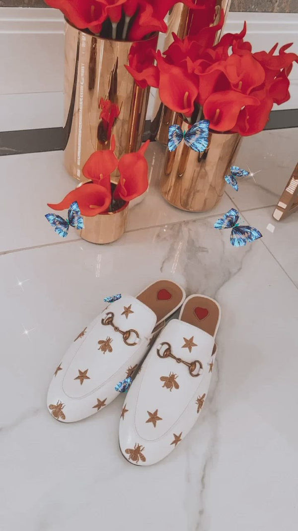 NEW IN Monaveen WHITE BUMBLE BEE Leather Slipper Mules