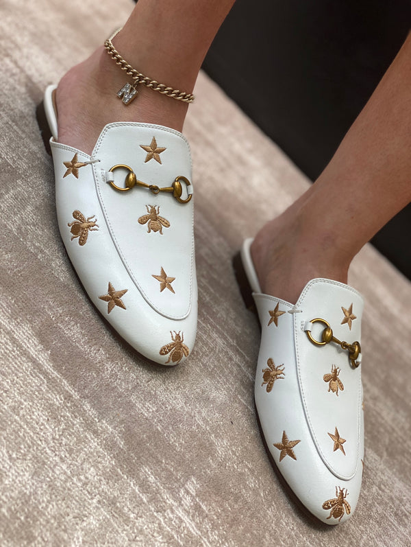 NEW IN Monaveen WHITE BUMBLE BEE Leather Slipper Mules