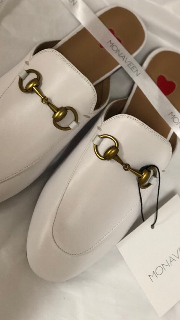 Monaveen White Leather Mules