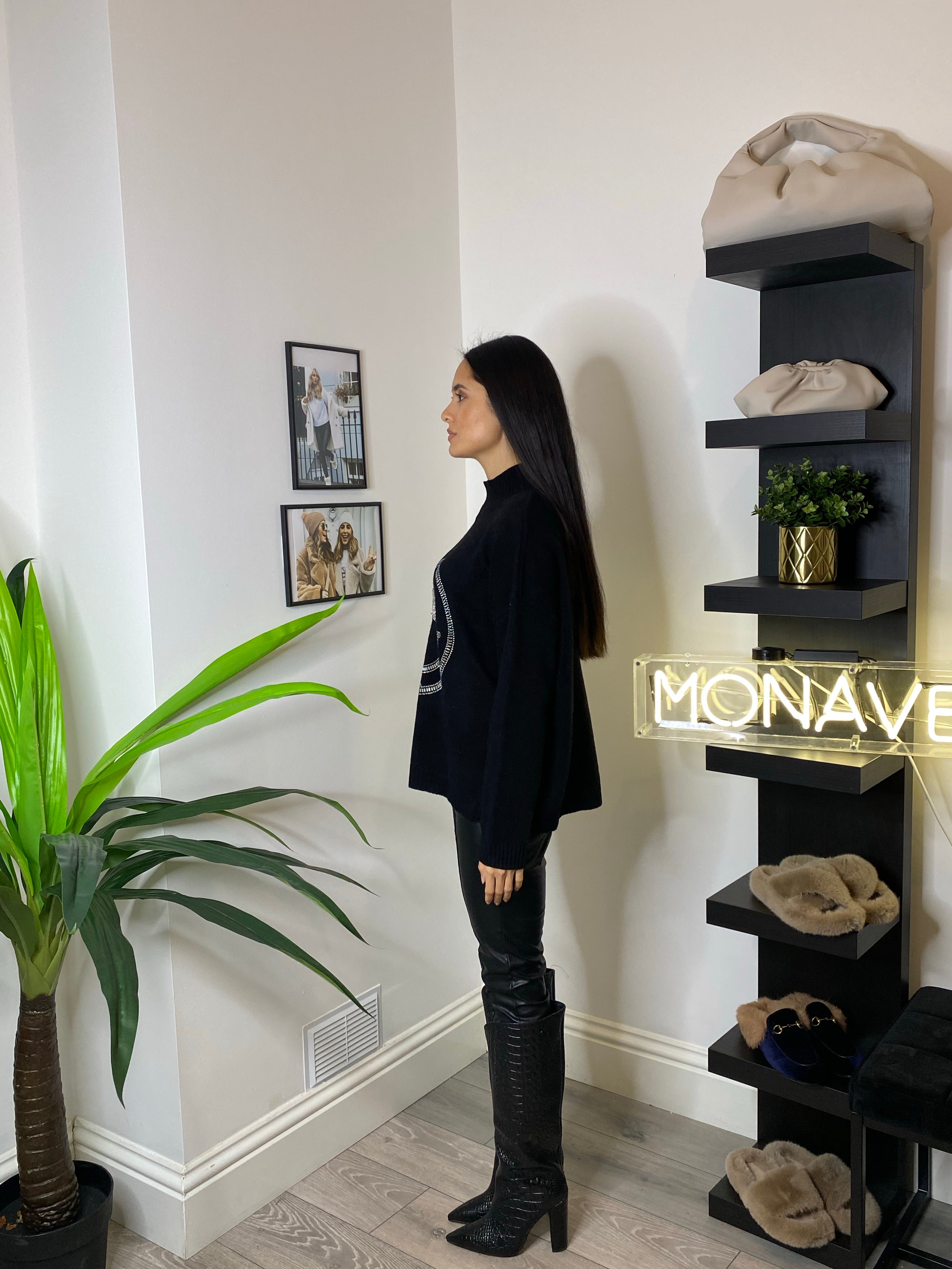 NEW IN Monaveen HAPPY Diamante Jumper BLACK