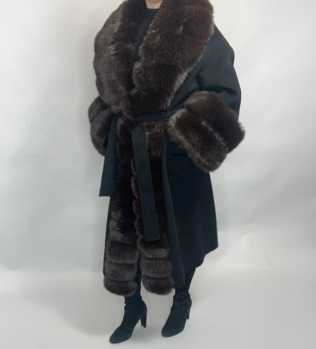 Scarlett Cashmere Coat BLACK/BROWN Faux Fur
