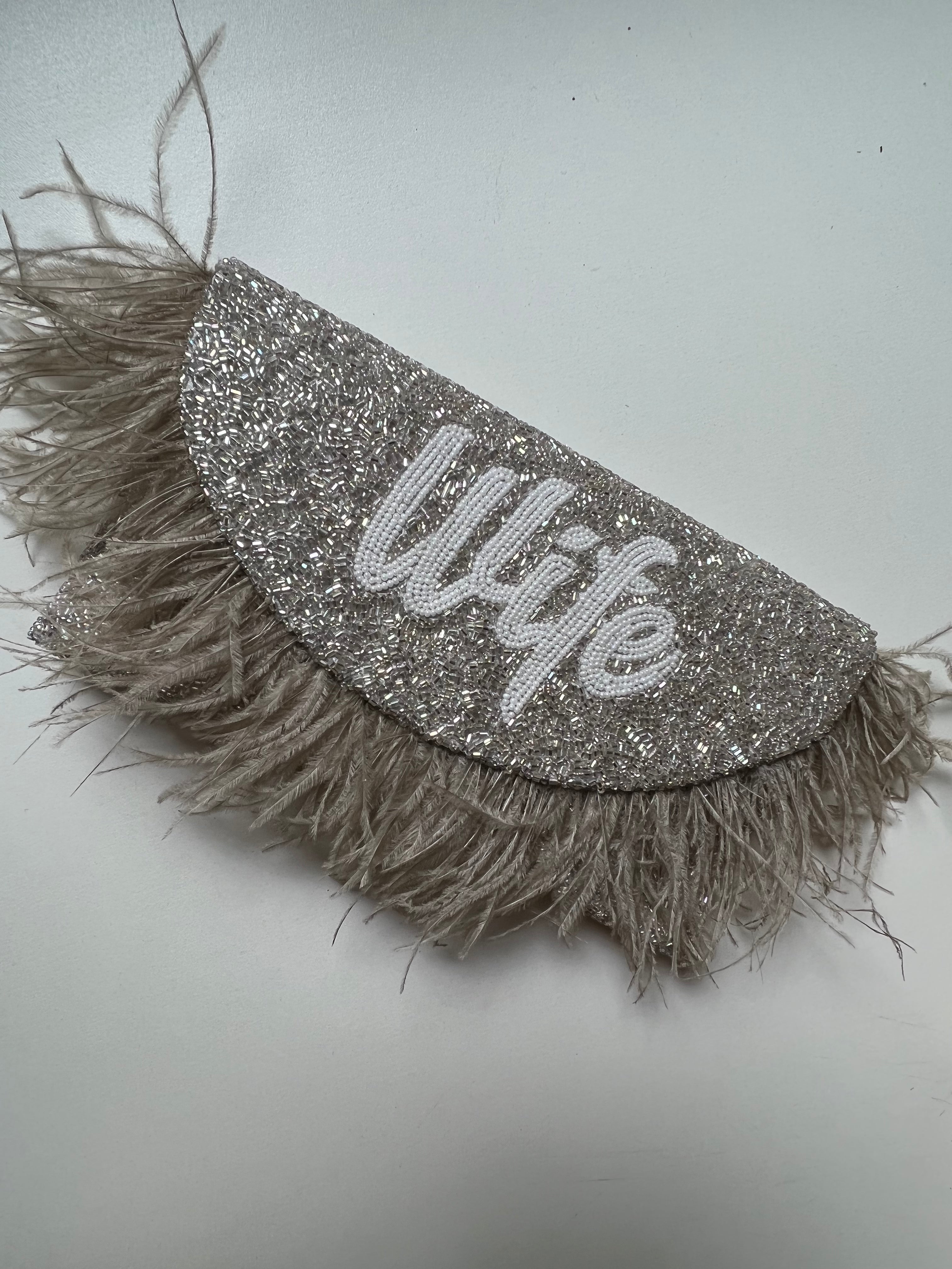 Feather Trim Moon shape Clutch